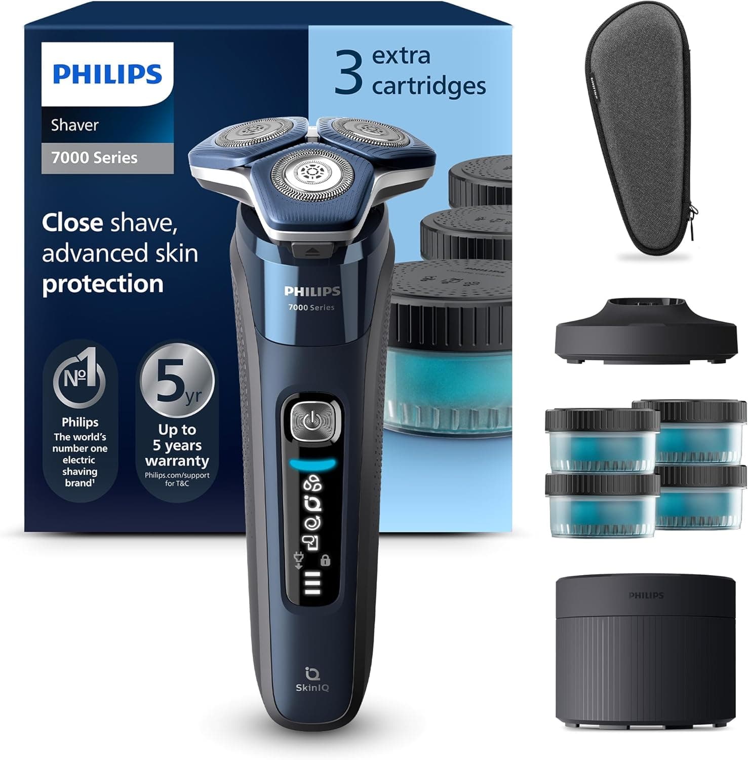 Philips Serie 7000 Afeitadora Eléctrica Hombre, Máquina de Afeitar Barba con Recortadora, 60min de uso, En Seco y Húmedo, Recargable, Centro de Limpieza, Base Carga, 4 Cartuchos, S7885/63, Azul