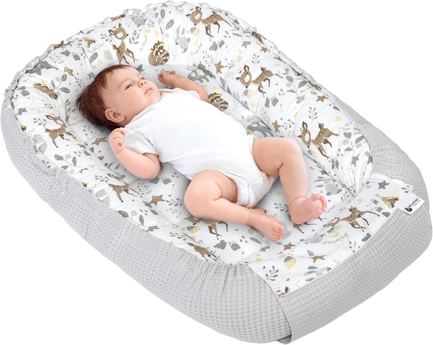 Medi Partners Nido Bebe Recien Nacido Reductor de Cuna - 100x60x15 Portátil o de Viaje de Colecho anticolicos Bilateral Bebés 100% Algodón Gofre (Ciervo con Gofre Gris)