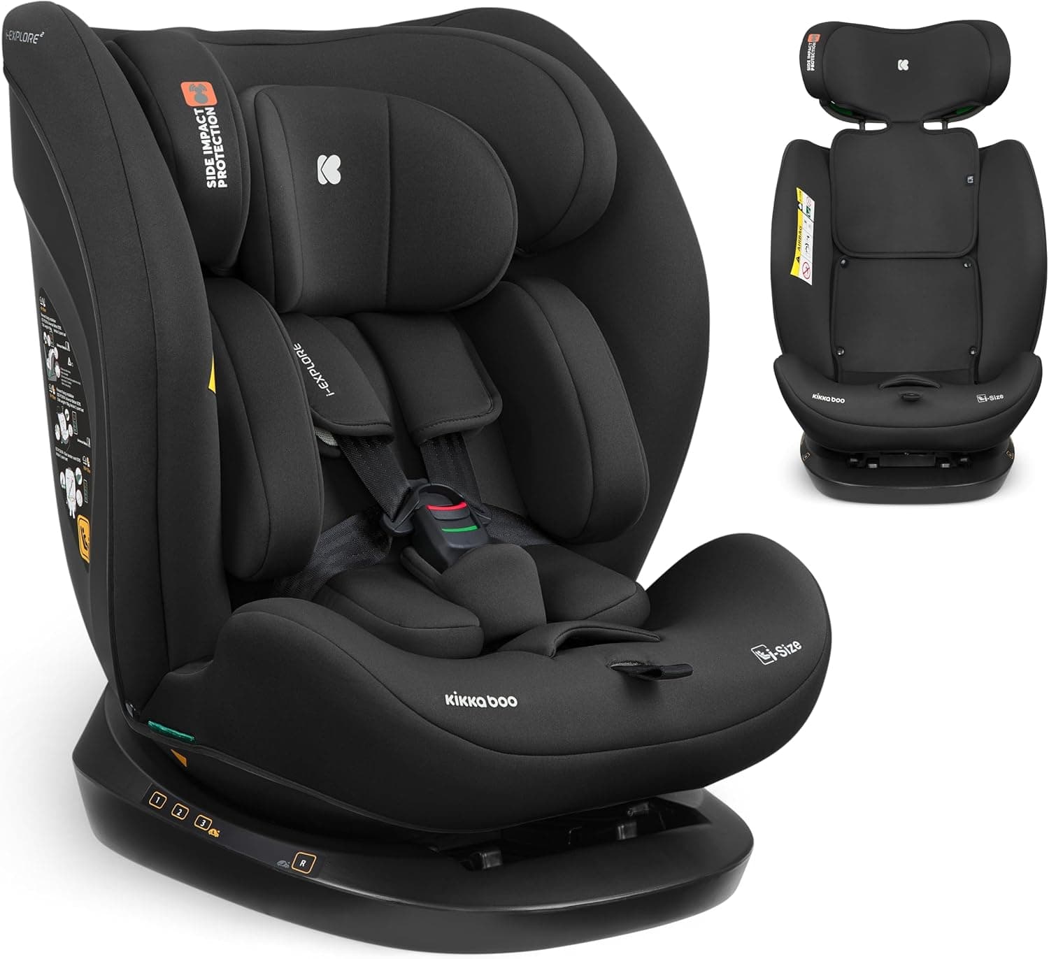 KikkaBoo Silla Coche Bebé i-EXPLORE 2, Grupo 0 1 2 3, i-Size 40-150 cm, Reclinable, 0-12 Años, Reposacabezas 14 Posiciones, Cojín y Arnés 5 Puntos, Negro