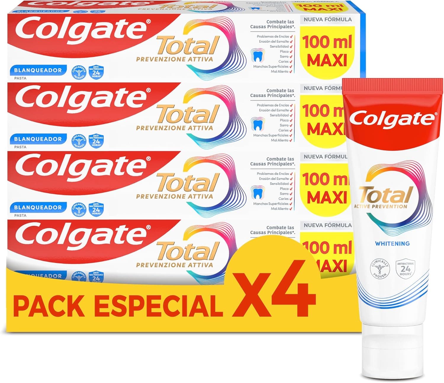 COLGATE Total Pasta de Dientes Blanqueadora, Pack 4 x 100ml, Dentífrico Blanqueador con 24h Defensa Antibacteriana Reforzada para la Boca*, Exclusiva Tecnología Antibacteriana de Doble Zinc