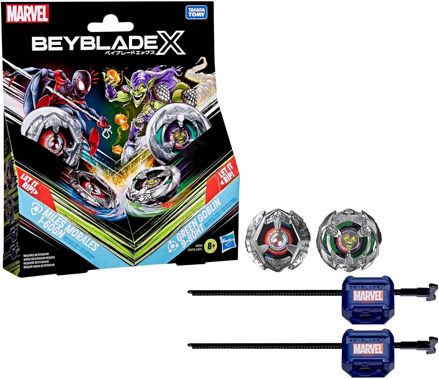 Colaboración Beyblade X y Marvel, Miles Morales 1-60GN vs. Green Goblin 9-80HT