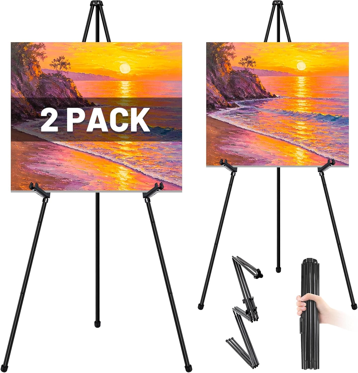 Paquete de 2 Caballetes Trípode de Exhibición Plegables y Ajustables, Soporte para Carteles y Pósteres para Tienda, Exposición, Eventos y Bodas, Metal Negro
