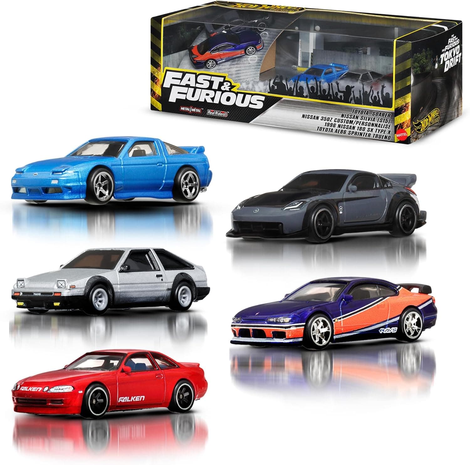 Hot Wheels Premium Fast & Furious Tokyo Drift Pack de 5 coches de juguete metálicos a escala 1:64, vehículos de la película de “Fast & Furious” con embalaje coleccionable, JFL99