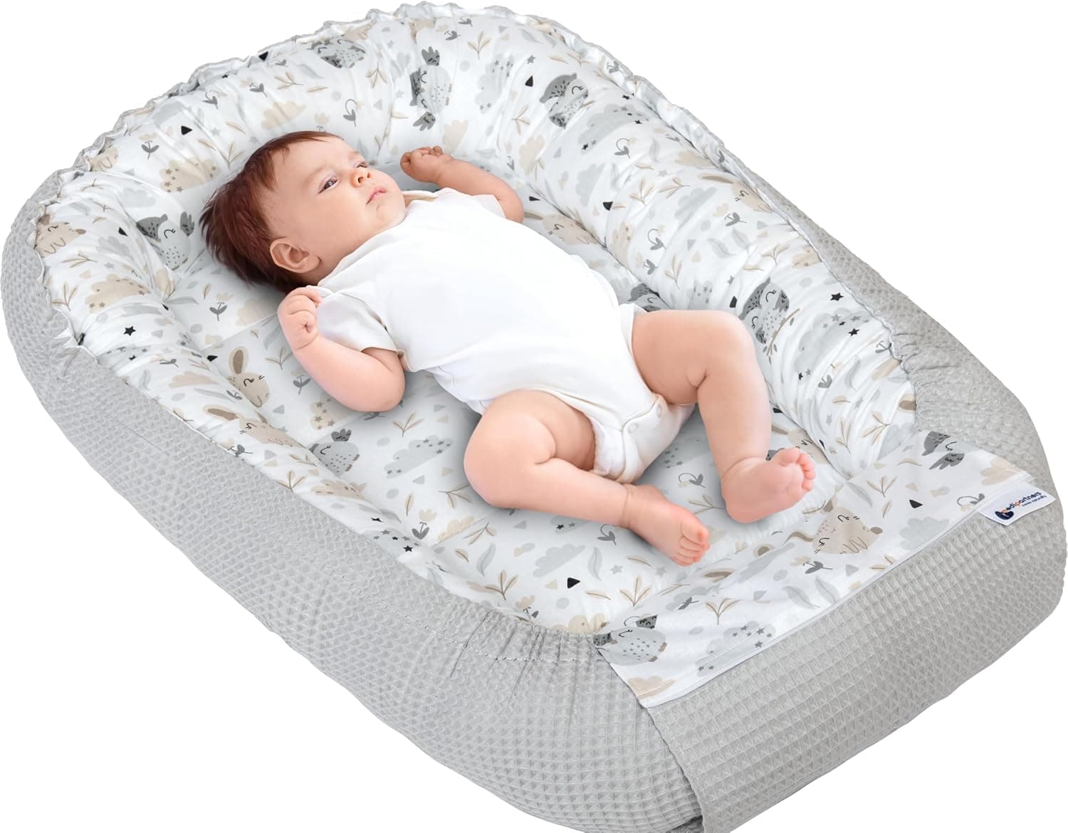 Medi Partners Nido Bebe Recien Nacido Reductor de Cuna - 100x60x15 Portátil o de Viaje de Colecho anticolicos Bilateral Bebés 100% Algodón Gofre (Glade con Gris Gofre)
