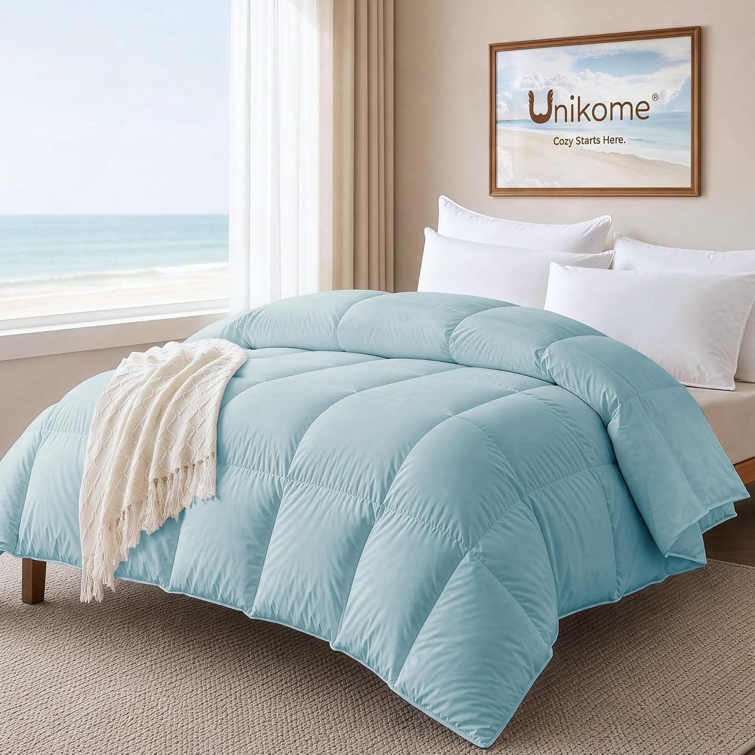 UNIKOME Edredón de Plumas de Ganso - Relleno de Edredón para Todas Las Estaciones con Cubierta Suave Antiplumas, Mullido como una Nube con Plumas de Ganso, (Tamaño Full/Queen, Azul, 88" x 90")
