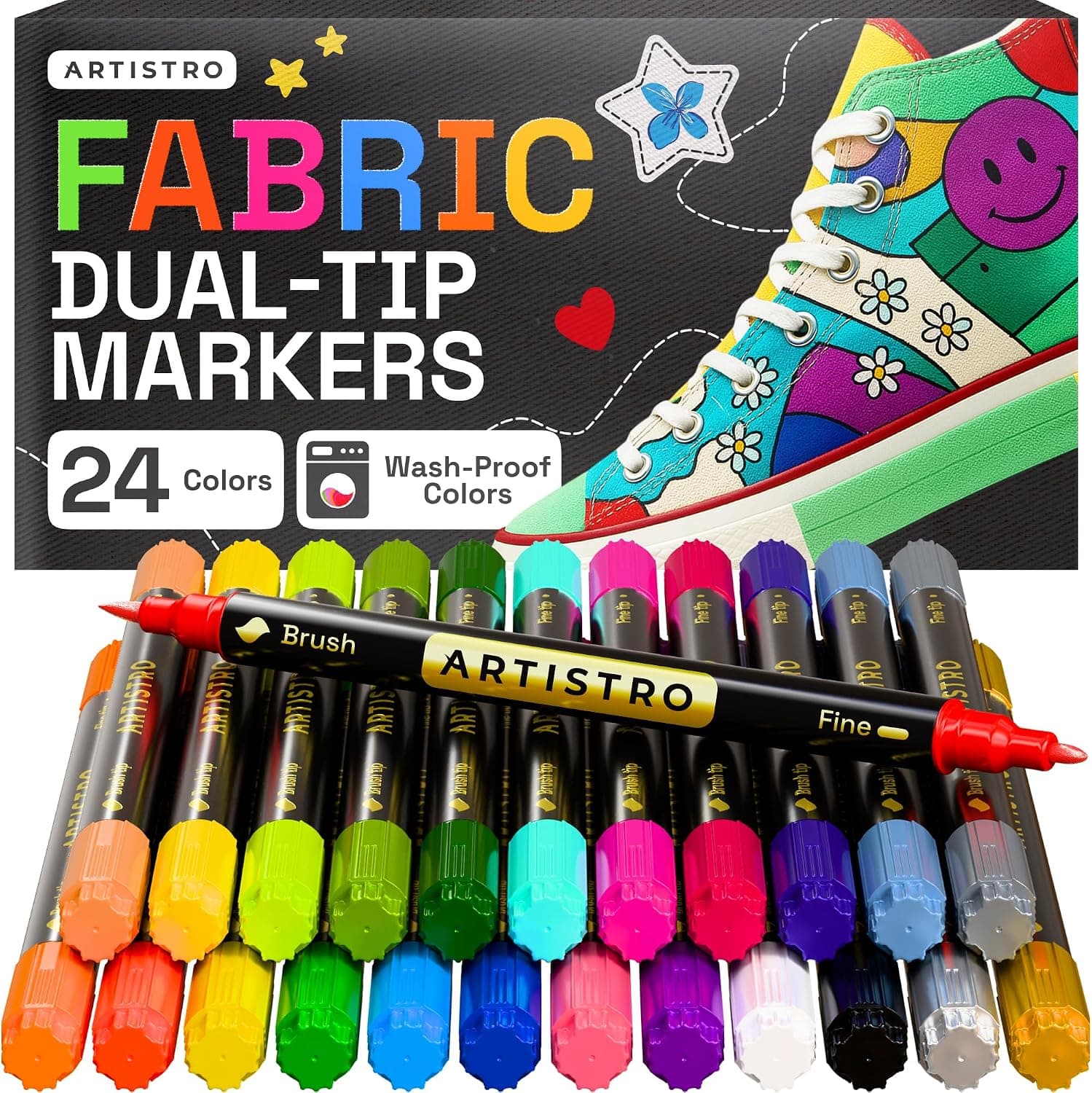 ARTISTRO 24 Marcadores de Tela de Doble Punta - Kit de Decoración Textil - Permanente para Ropa - Rotuladores Sin Manchas para Camisetas, Bolsas, Textiles, Lienzos y Más (Punta de Pincel y Punta Fina)