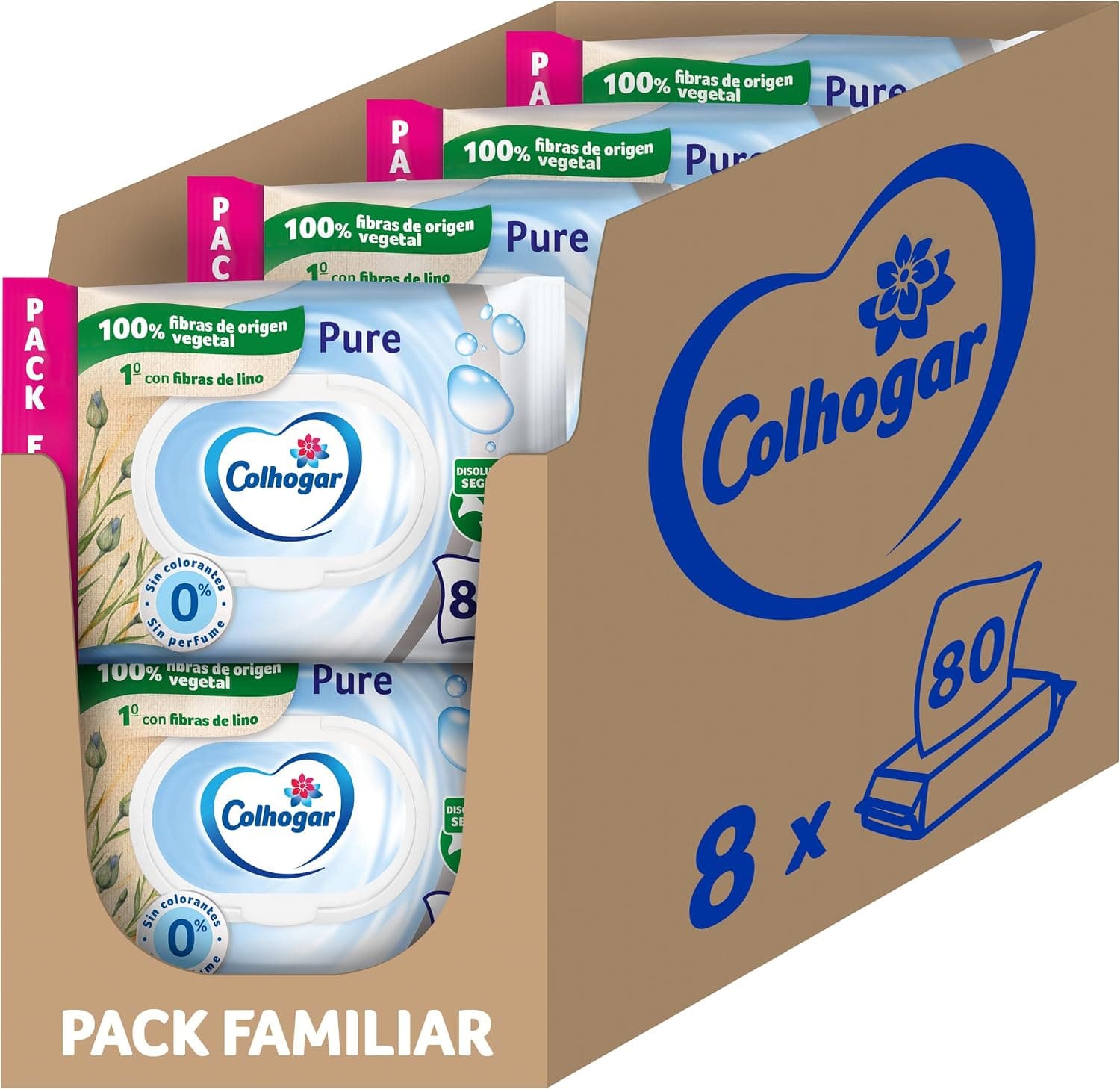 Colhogar Pure Moist 8x80 - Papel Higiénico Húmedo Desechable por el WC - Sin Alcohol - Para Pieles Sensibles - Dermatológicamente Testado - 640 Unidades