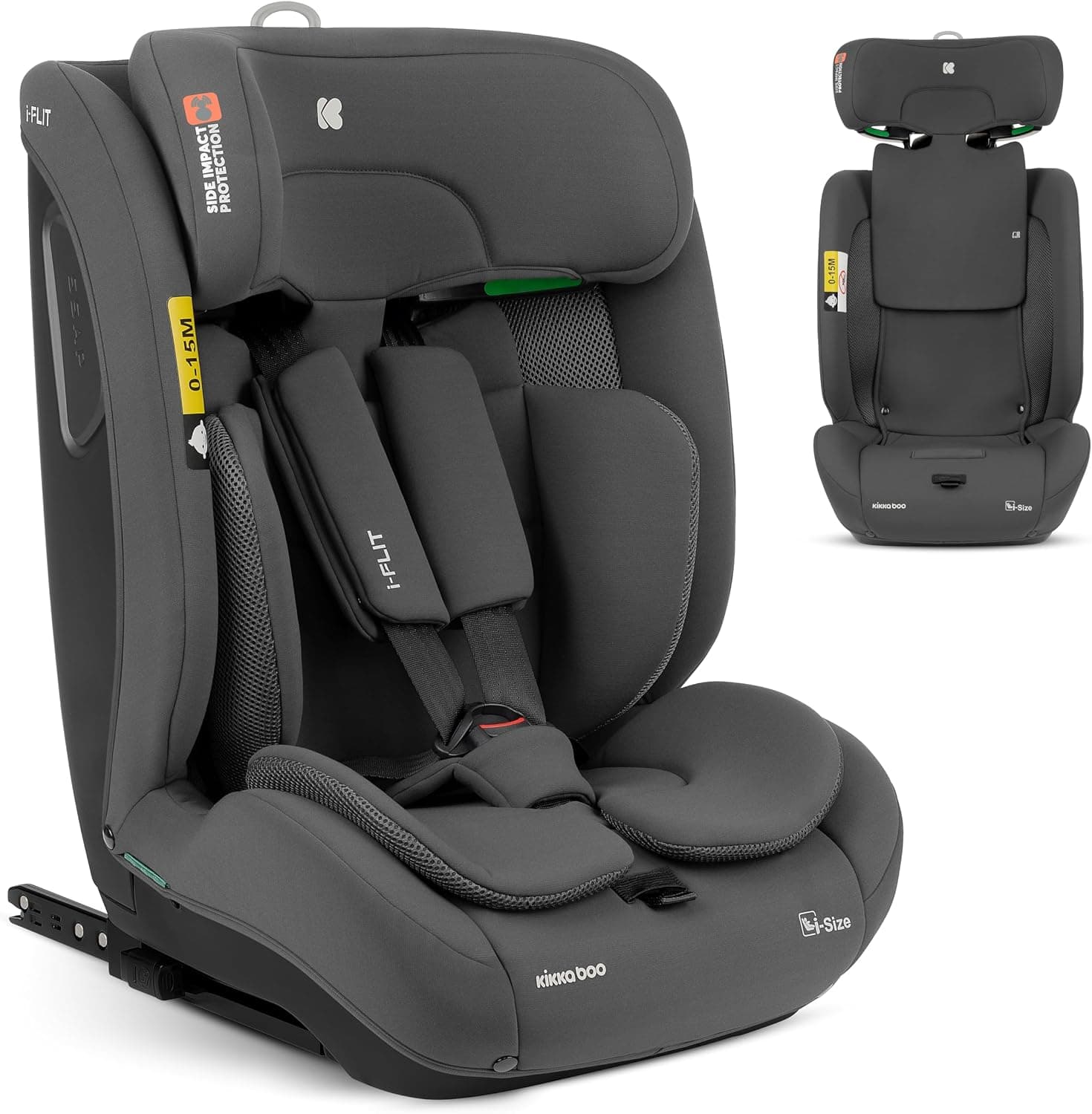 KikkaBoo Silla de Coche Bebe ISOFIX Grupo 1 2 3 (9-36 kg) i-FLIT, de 15 Meses a 12 Años, Seguridad SPS, Reposacabezas Ajustable, Top Tether, 12 Posiciones Reposacabezas, Gris Oscuro