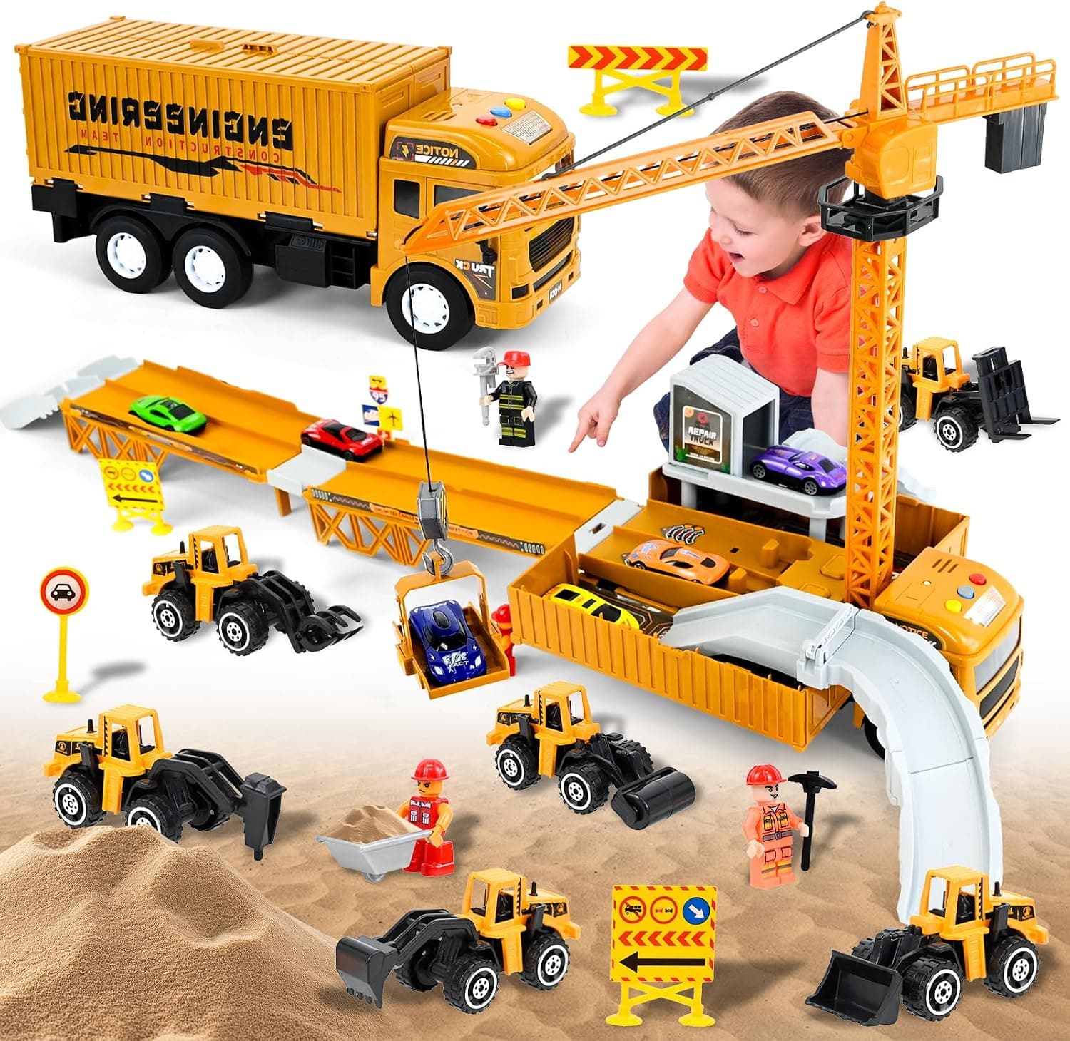 Joellfuner Vehículos de Construcción para Niños, Camión de Juguete con Eyección Pista y 6 Mini Vehículos de Obra, Juguetes de Camiones Transportadores con Grúa, Música y Luces para 3 4 5+ Años