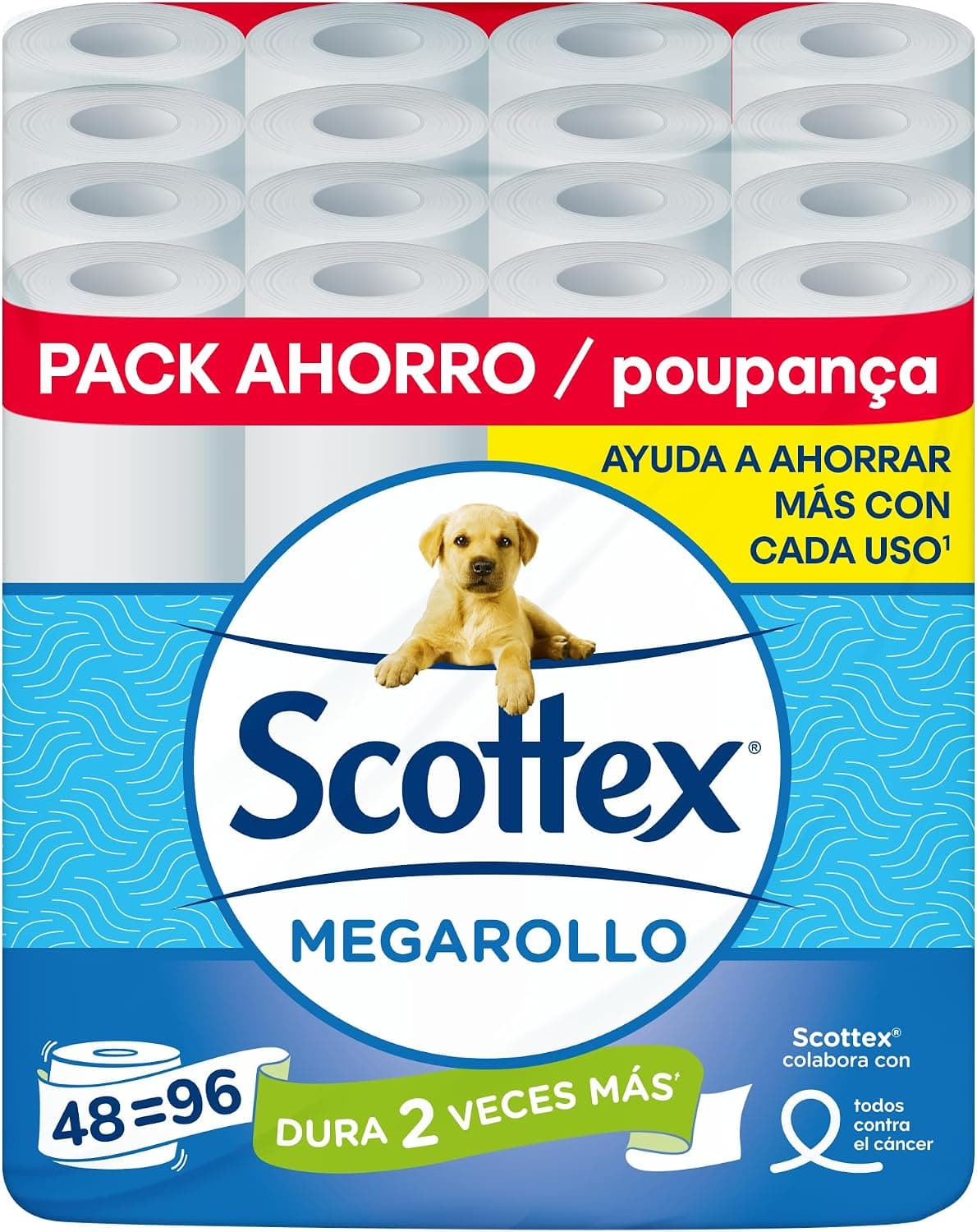 Scottex Papel Higiénico Megarollo (Doble rollo) 48 rollos equivalen a 96 rollos regulares - (4 packs de 12 rollos)