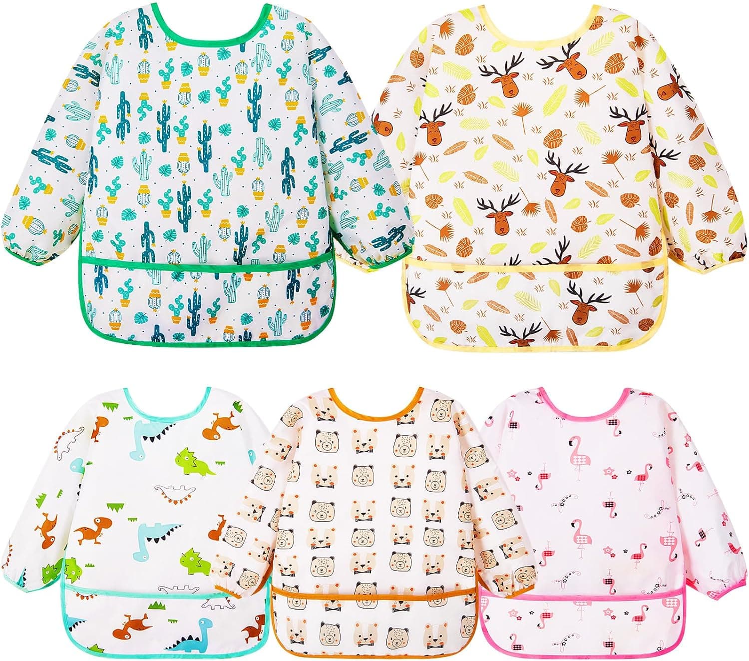 Lictin 5 Pcs Babero con Mangas Impermeable- Babero de Manga Larga con Escote Ajustable para Bebes (0-24 meses)