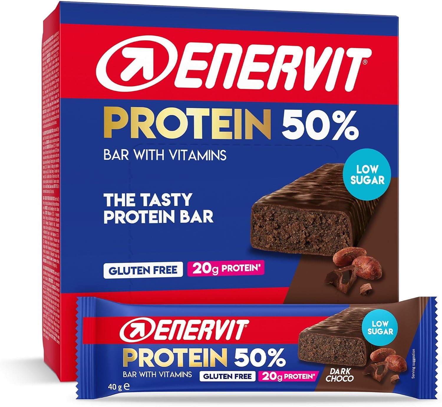 Enervit Barrita Proteica 50% Dark Choco, 20g de Proteínas, Baja en Azúcar, con Vitamina D y B6, Sabor Chocolate Negro, Para la Recuperación Después del Deporte, Sin Gluten, 12 Barritas de 40g