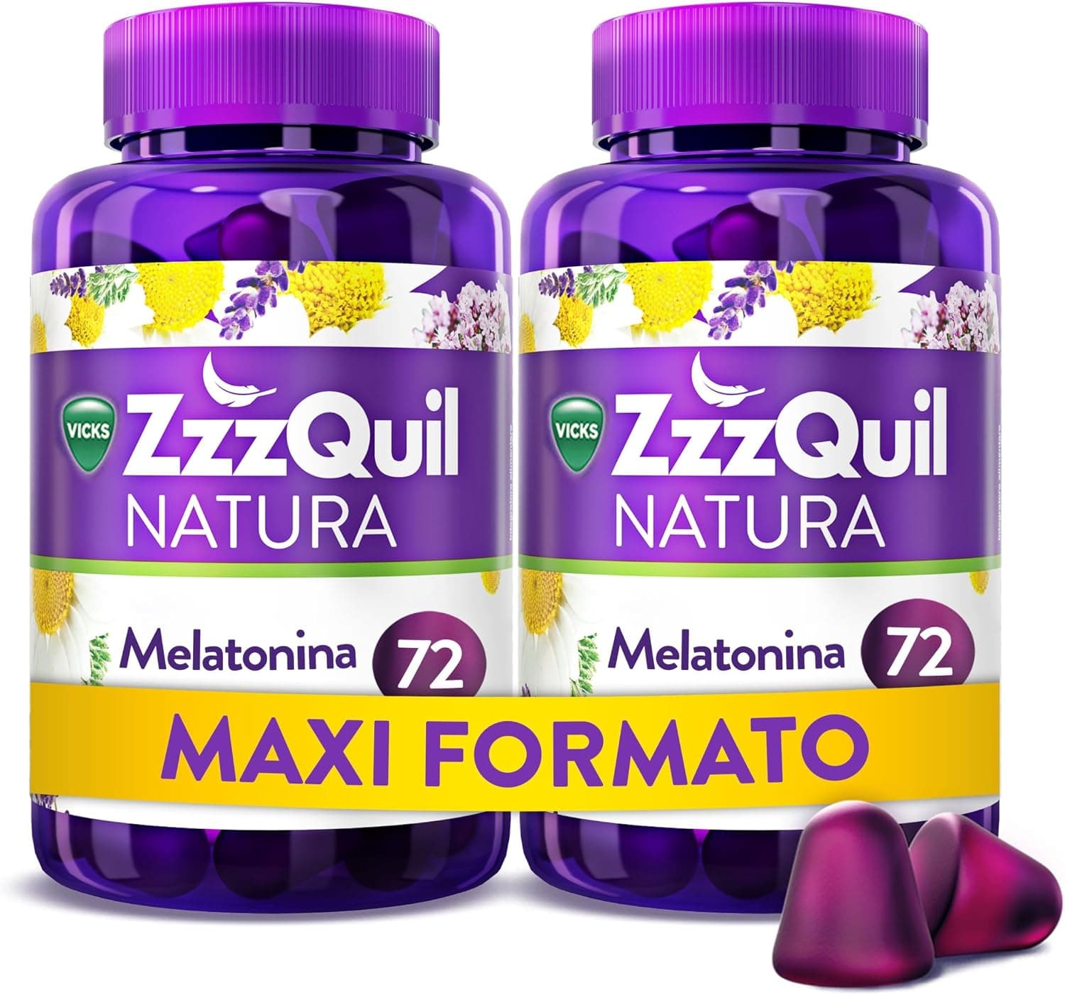 ZzzQuil Natura Gummies de Melatonina 1mg con Valeriana, Complemento Alimenticio para dormir sabor Frutos del Bosque, 2x72 Gummies