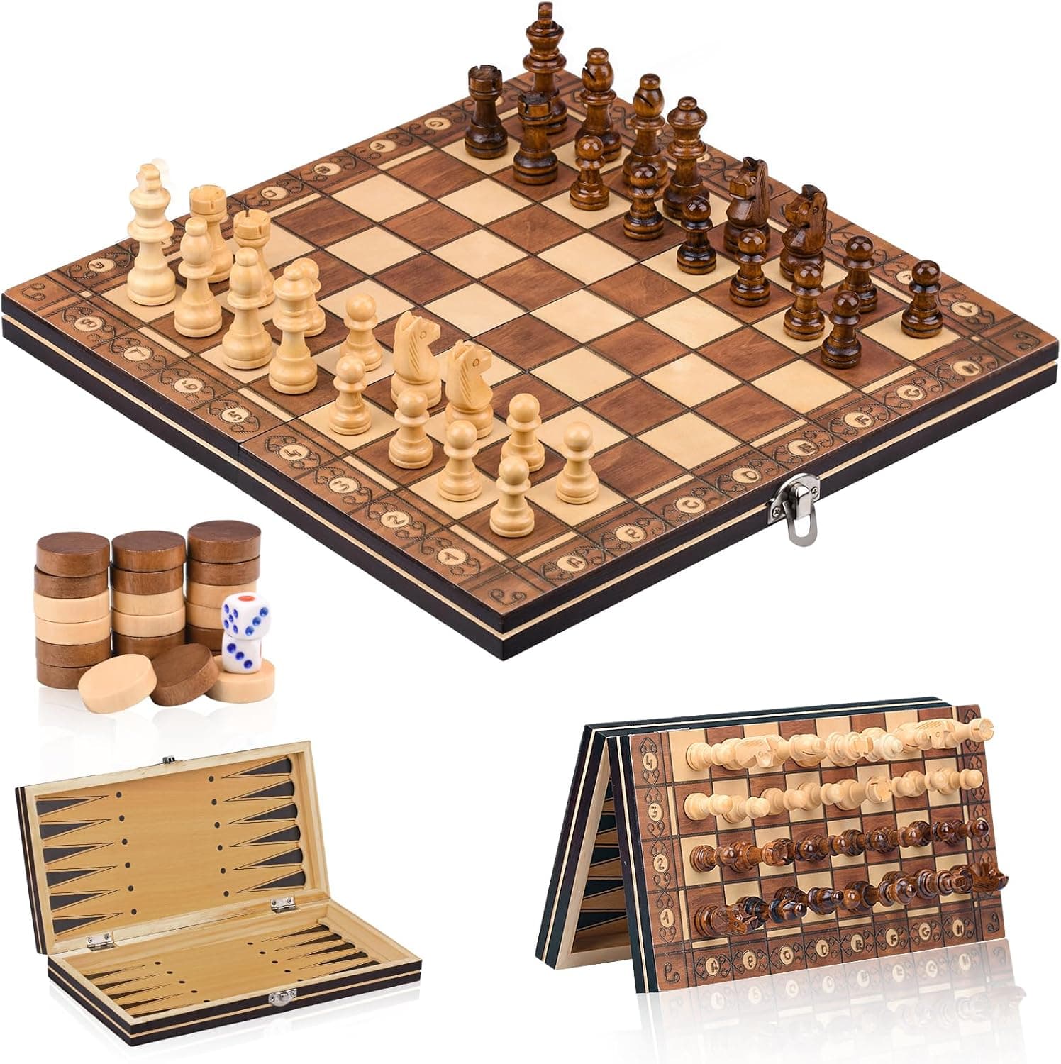 Juego De Ajedrez 3 En 1 de Madera,Ajedrez Magnetico Plegable para Viaje Fiesta Regalos, para niños(29 * 29cm)