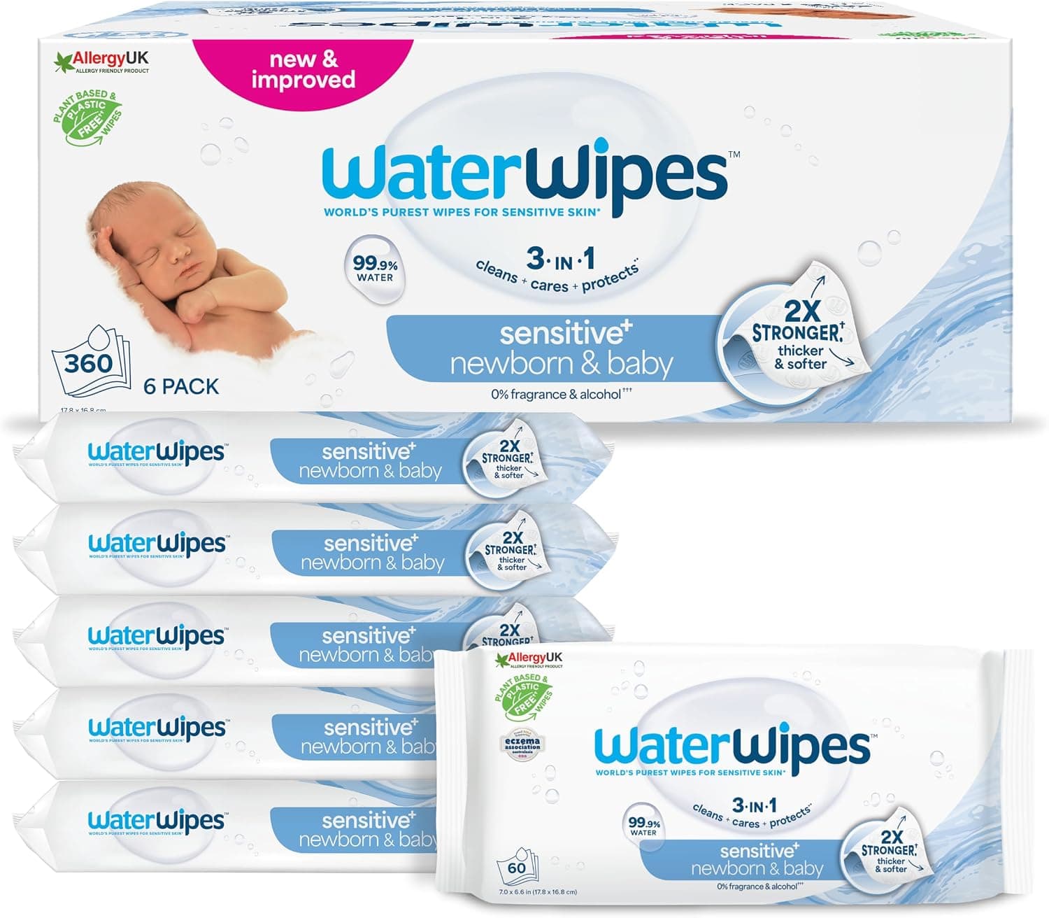 WaterWipes Sensitive+ Newborn & Baby Wipes, 6 Paquetes