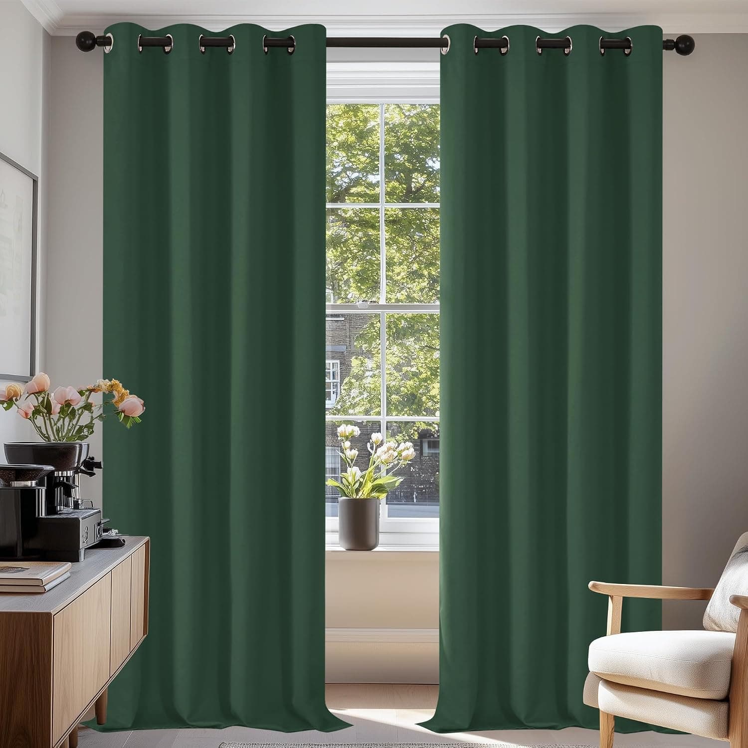Deconovo Cortinas Opacas con Aislamiento térmico y antifrío, para Sala de Estar, Dormitorio, diseño Moderno, con Ojales, 135 x 240 cm, Color Verde Abeto