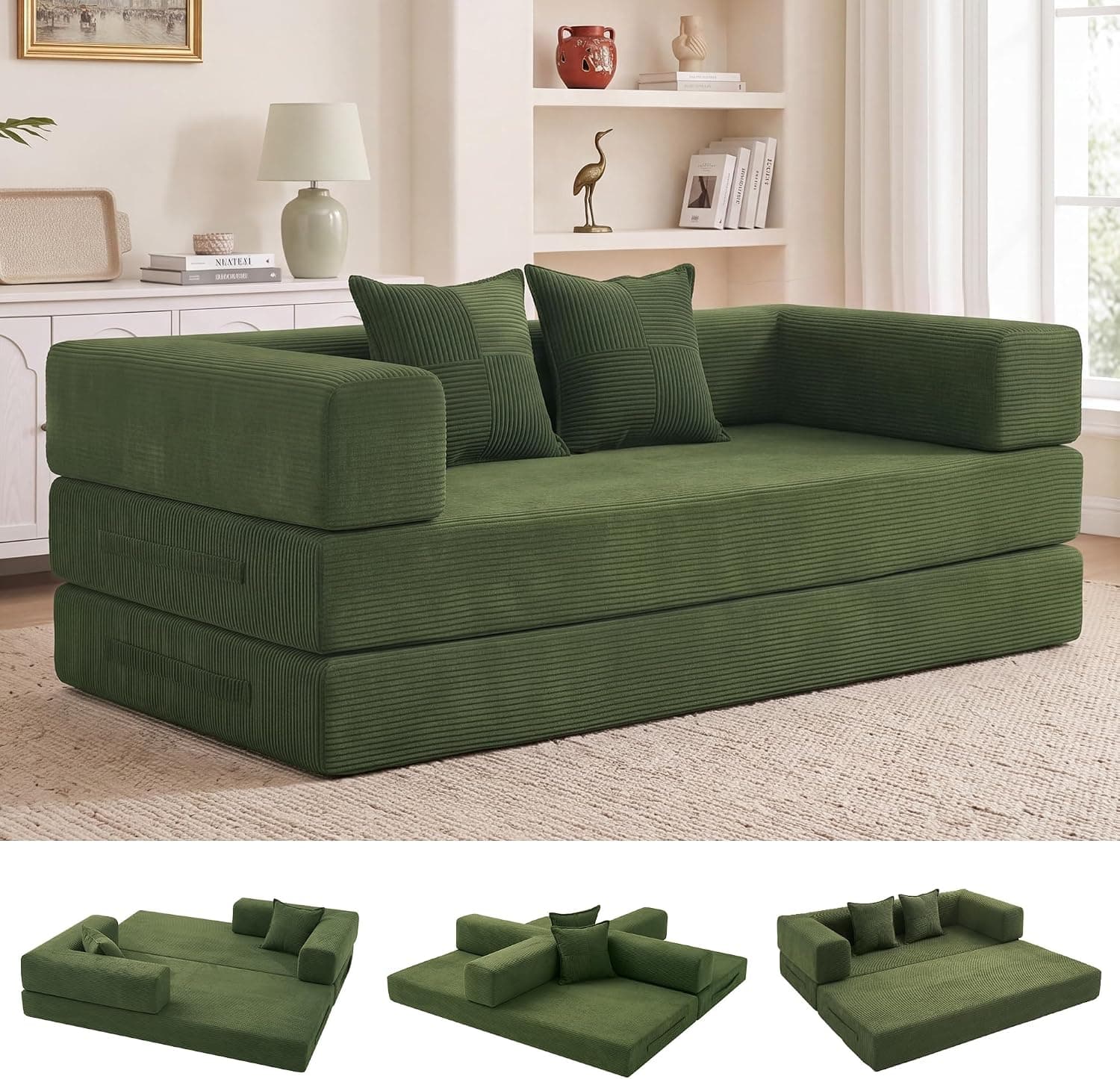 Vipbear Sofá Cama de Suelo 200cm,Plegable de Boneless de 2 plazas,Verde