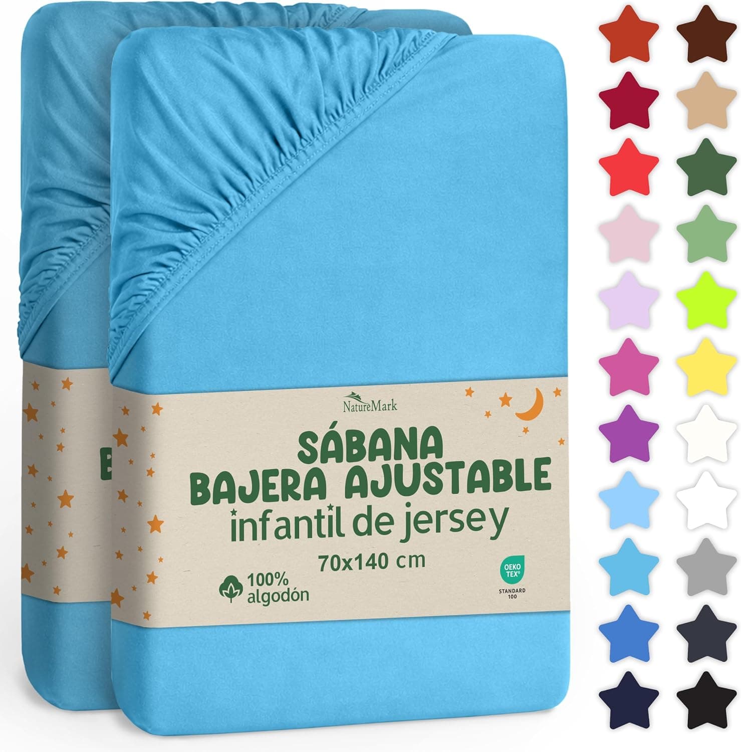 NatureMark Sábana Ajustable para Niños 70x140 cm – Suave Jersey, 100% Algodón, Pack de 2 para Cuna y Camita Infantil, Turquesa