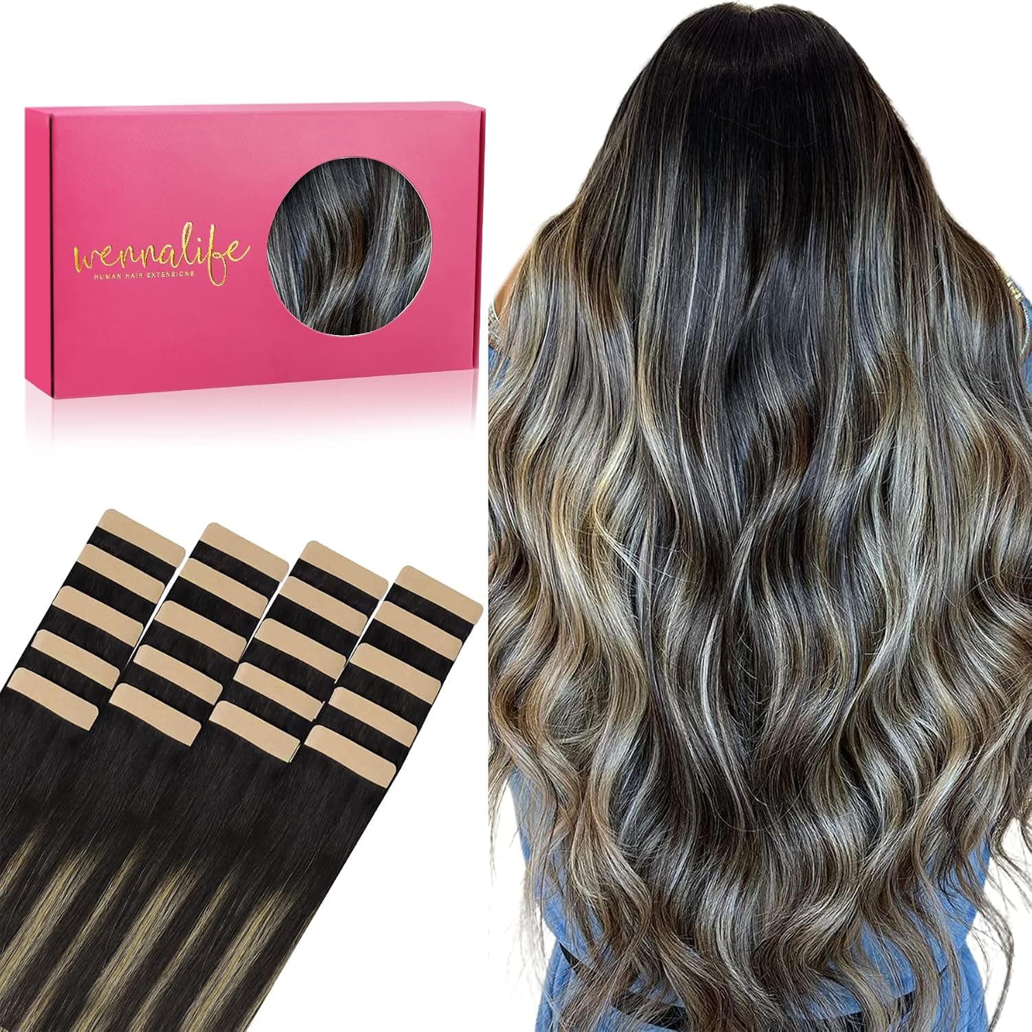 WENNALIFE Extensiones Adhesivas Pelo Natural, 35cm, 50g, 20 Piezas, Balayage Natürliches Schwarz bis Hellblond, Extensiones Pelo Remy Cabello Humano