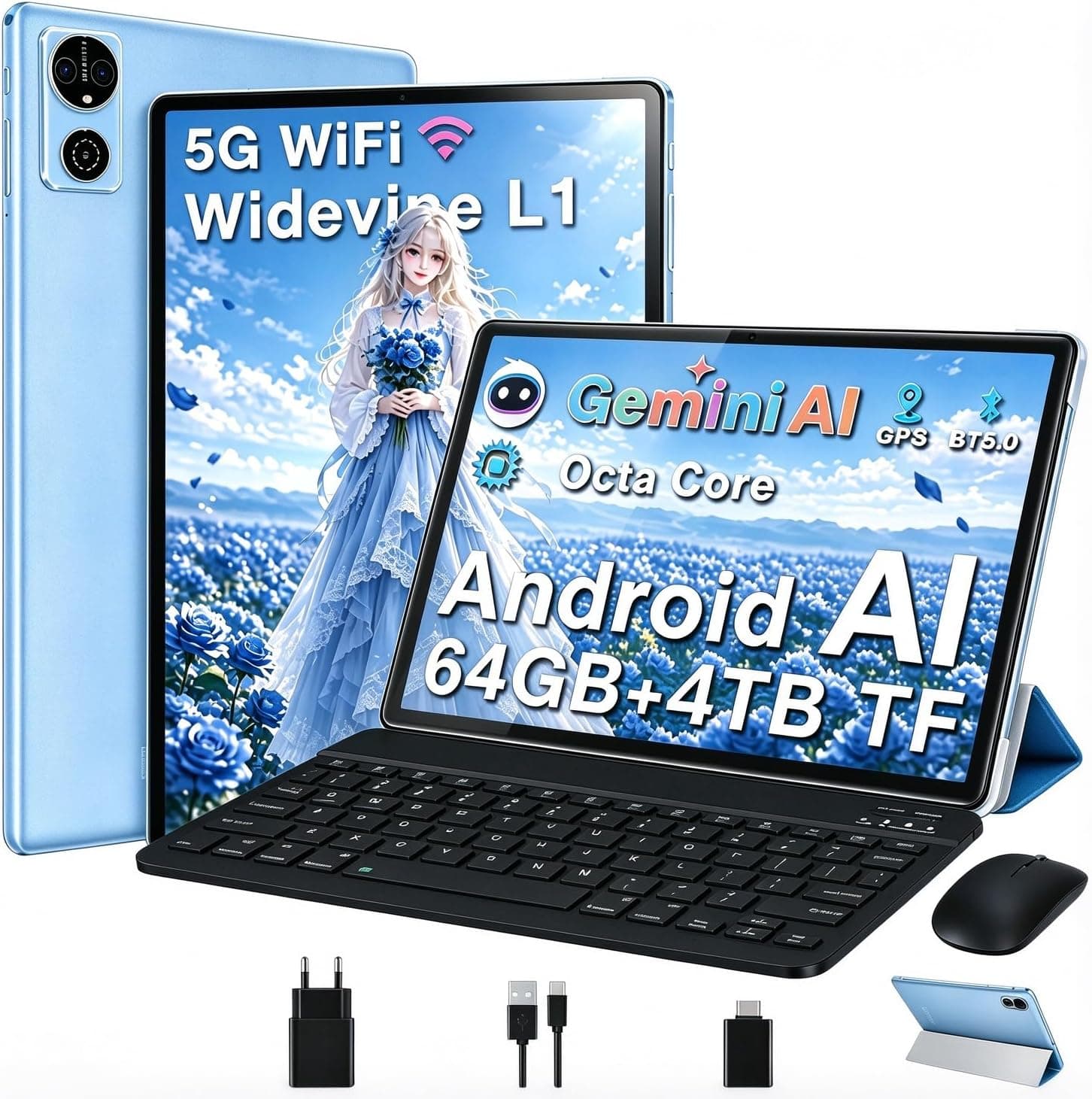 Gemini AI Tablet Android OS Tablets 10 Pulgadas, 64GB+2TB TF, 5G Wi-Fi, Octa-Core 2.0GHz, Widevine L1, 8+5MP, GMS, 6000mAh, Facial ID,GPS,BT5.0, 2 en 1 Tablet con Teclado,Ratón y Funda - Azul