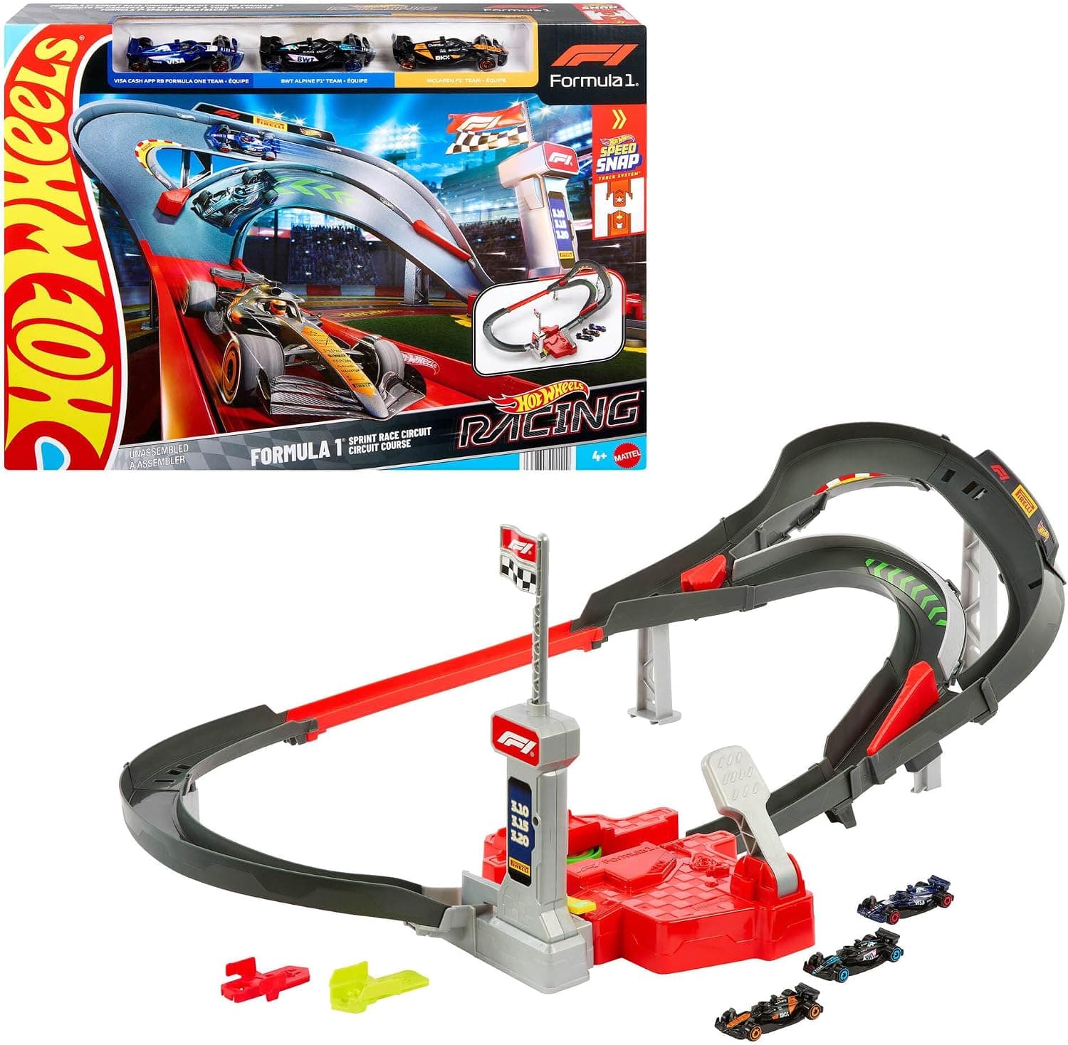 Hot Wheels Conjunto de pista coches de juguete, 3 vehículos metálicos de Formula 1 a escala 1:64: McLaren F1 Team, Alpine y VCARB, Circuito de carreras a gran velocidad uno contra uno, JDY15