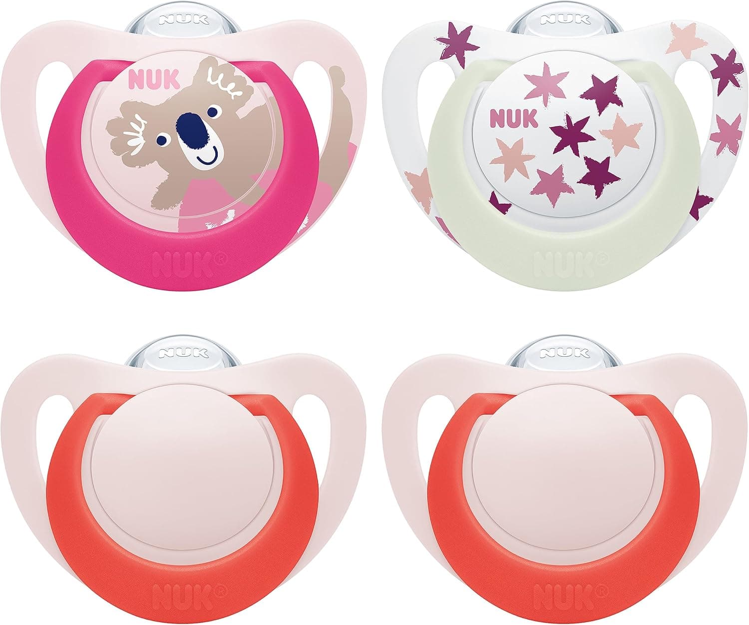 NUK Star Day & Night chupete | 18-36 meses | Calma al 99 % de los bebés | Chupetes de silicona sin BPA | Brilla en la oscuridad para encontrarlo por la noche | Coala | 4 unidades