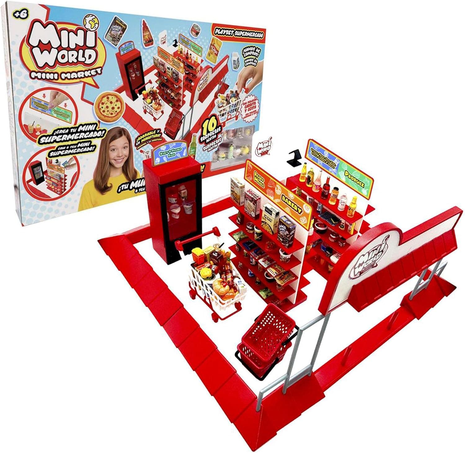Bizak Mini World Playset Supermercado, Set de Juego Coleccionable con Mini Productos, Incluye 10 Accesorios Sorpresa, Carrito y Cesta, más de 200 Modelos para coleccionar, Desde 6 años (64504006)