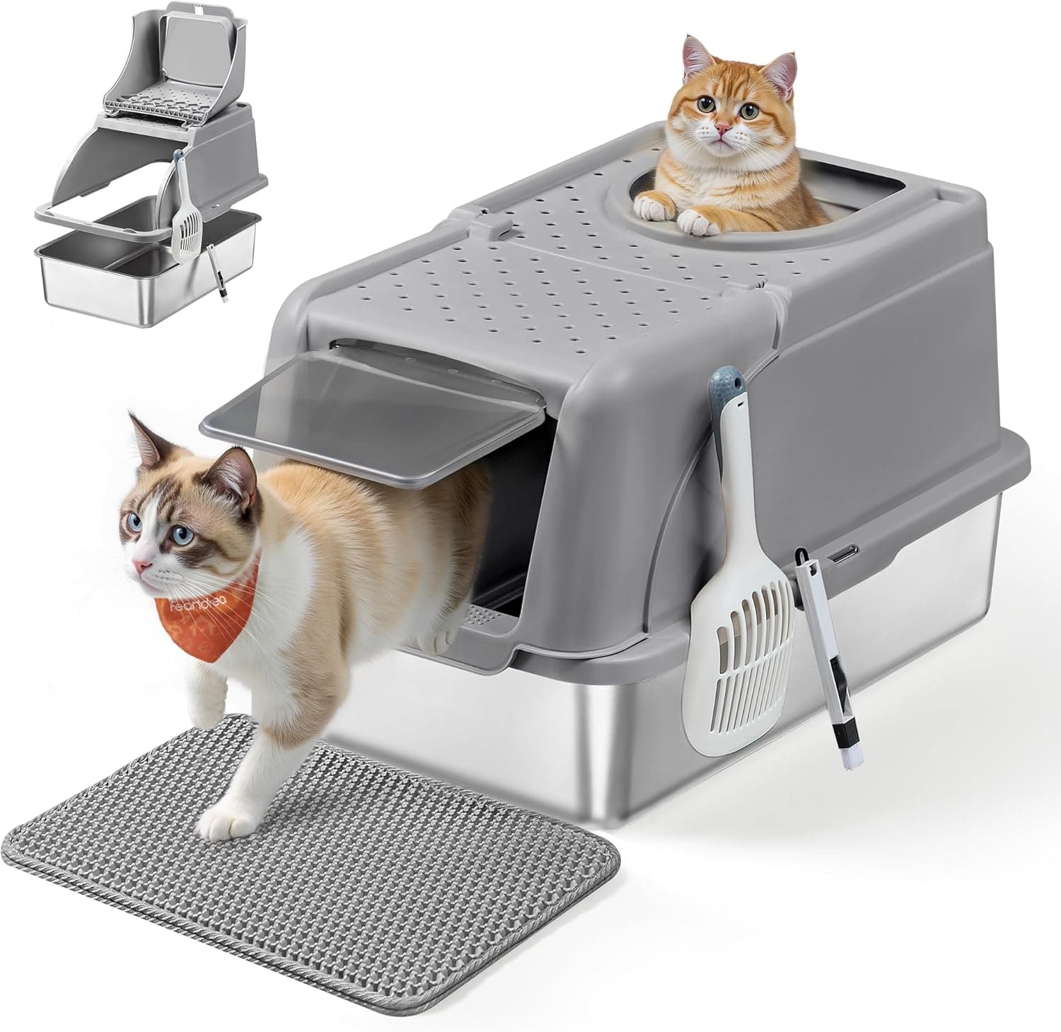 Feandrea Arena Gato, Inoxidable para Gatos con Tapa Abatible, Gris Paloma