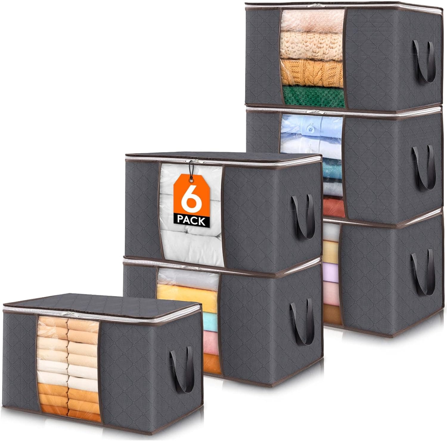 Lifewit Cajas Almacenaje Ropa, Bolsa almacenamiento ropa, Organizador Armario Plegable, Cajas Mudanza, Bolsas con Asa Reforzada para Guardar Ropa, Mantas, Edredones, Gris, 60L, 6 Piezas