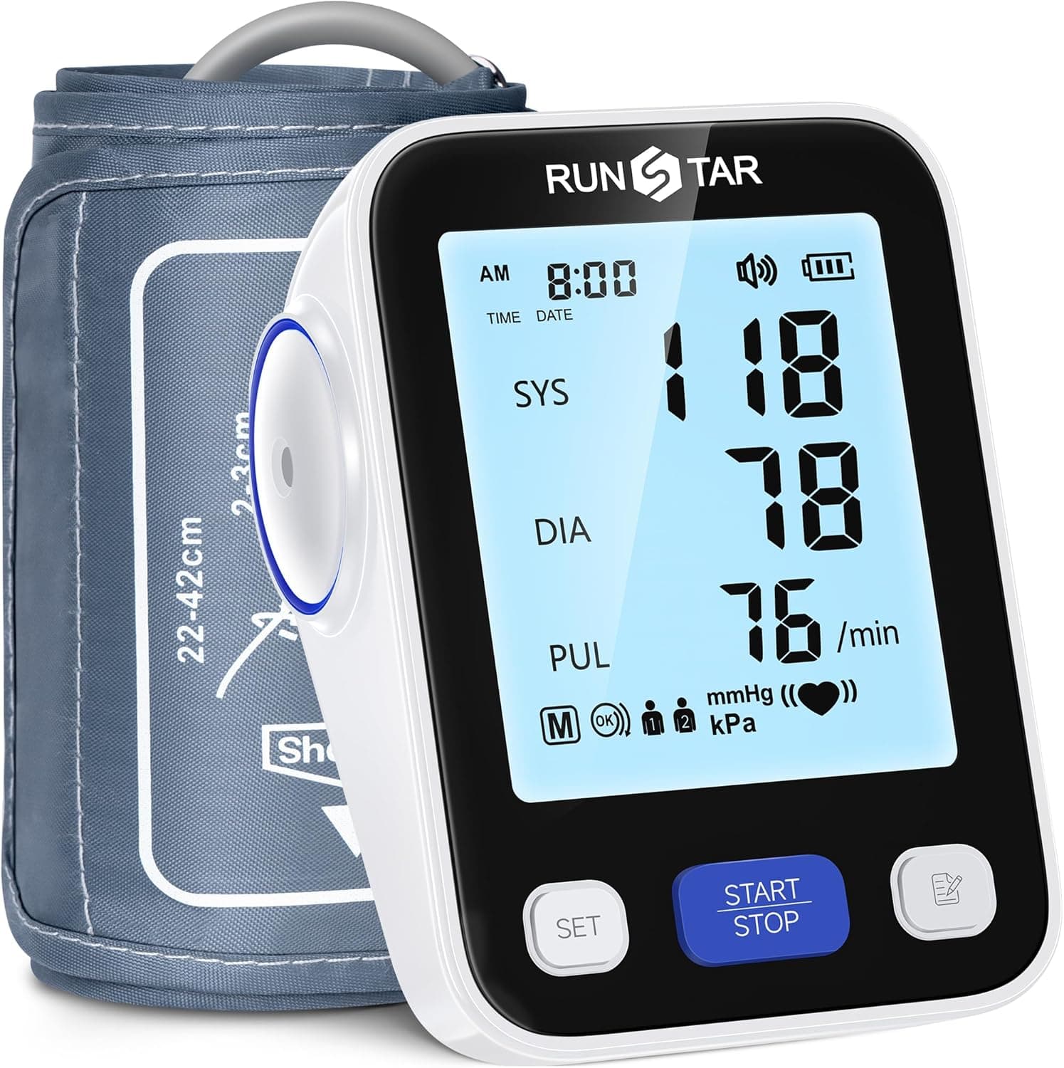Runstar Tensiometro de brazo con brazalete de amplio rango (22cm-42cm) para uso doméstico, tensiómetro digital automático con bolsa de almacenamiento y memoria de 2x99 lecturas,negro