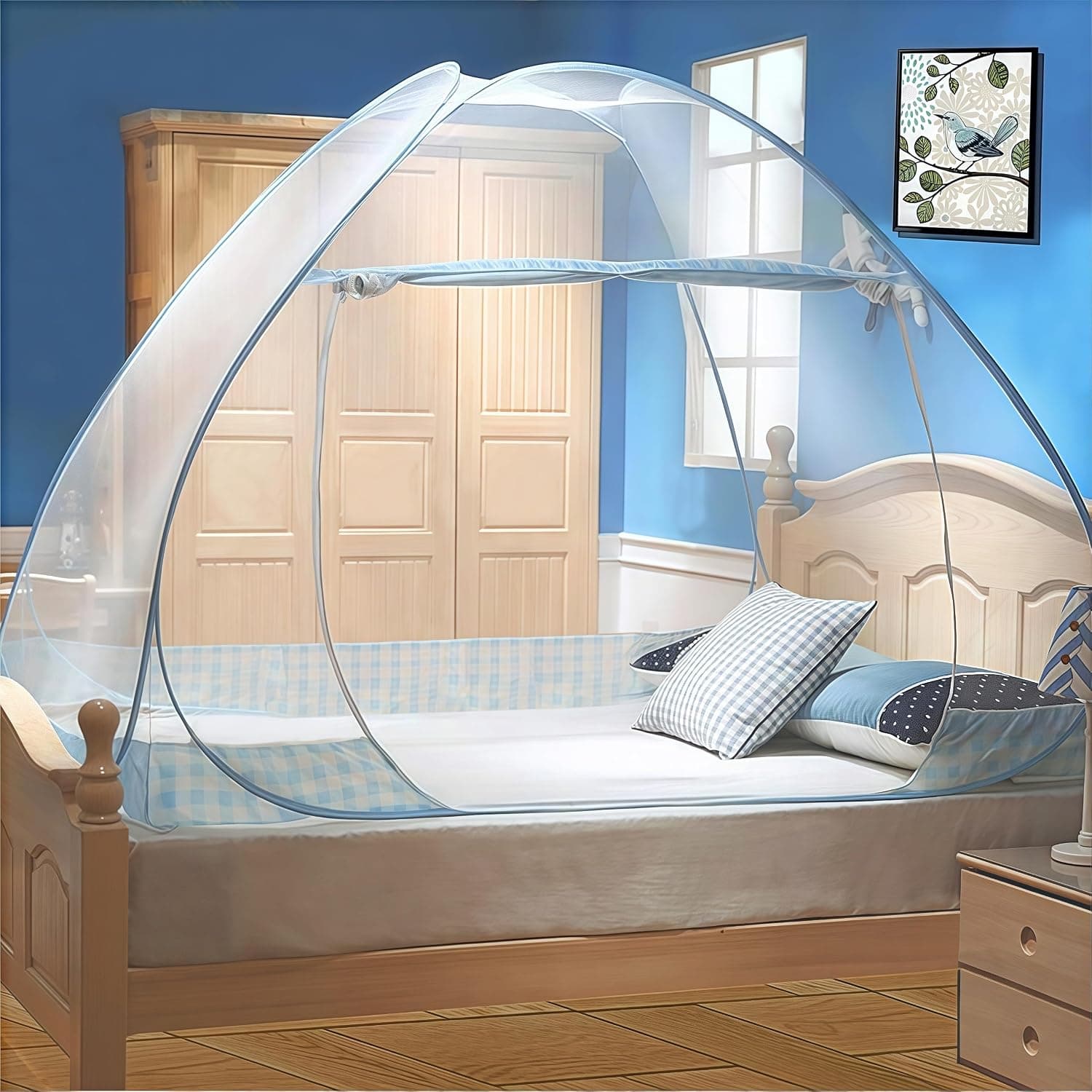 Digead Pop-up Mosquitera para Cama Individual 100x200 cm con Una Puerta – Plegable y Emergente, Ligera y Transpirable de Poliéster, Portátil para Viaje, Hogar o Bebés - Borde Azul