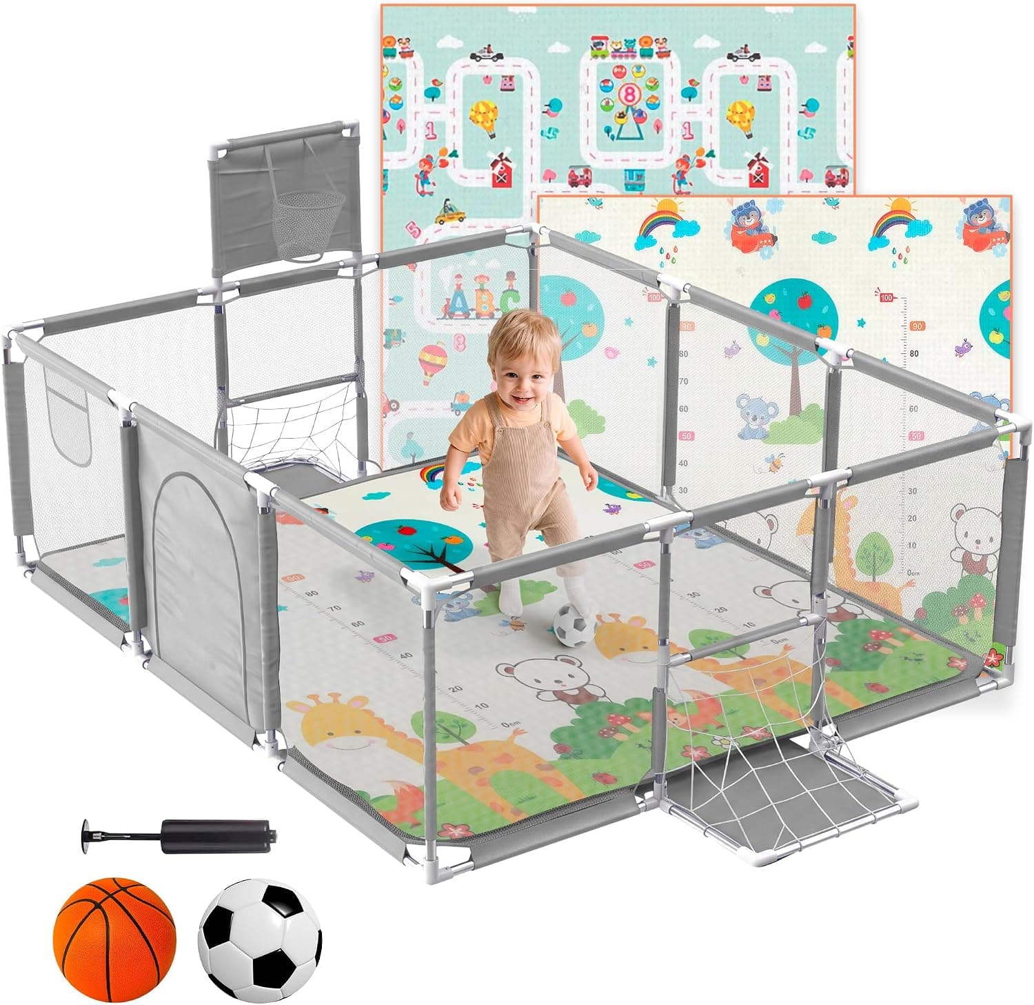 Parque Infantil Bebe + Alfombra de Juego + Pelota de Futbol y Baloncesto - Corralito de Bebé Plegable 180 x 120 x 60cm - Parque de Juegos Bebé Con Malla Transpirable (Gris con Alfombra)