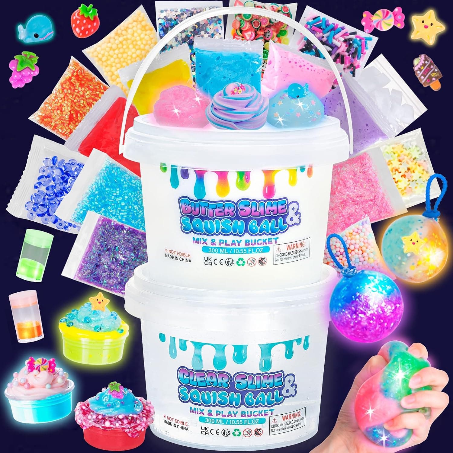 Kit Slime y Squishy Luminoso Bricolaje, 300ml Slime Cristal & 300ml Mantequilla Slime Kit Avec 25 Complementos, Juguetes Sensoriales Antiestrés Slime, Regalos Niños Niñas 6-12 Años