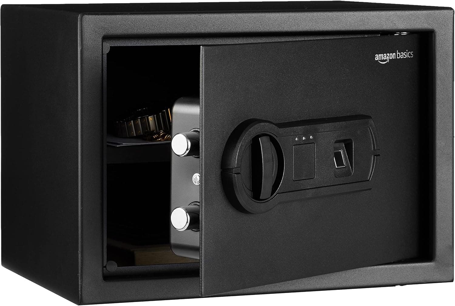 Amazon Basics Caja fuerte de acero para casa, con huella dactilar biométrico, protege documentos de identificación, efectivo, joyas, 14 L, negro, 35 x 25 x 25 cm (ancho x prof. x alto)