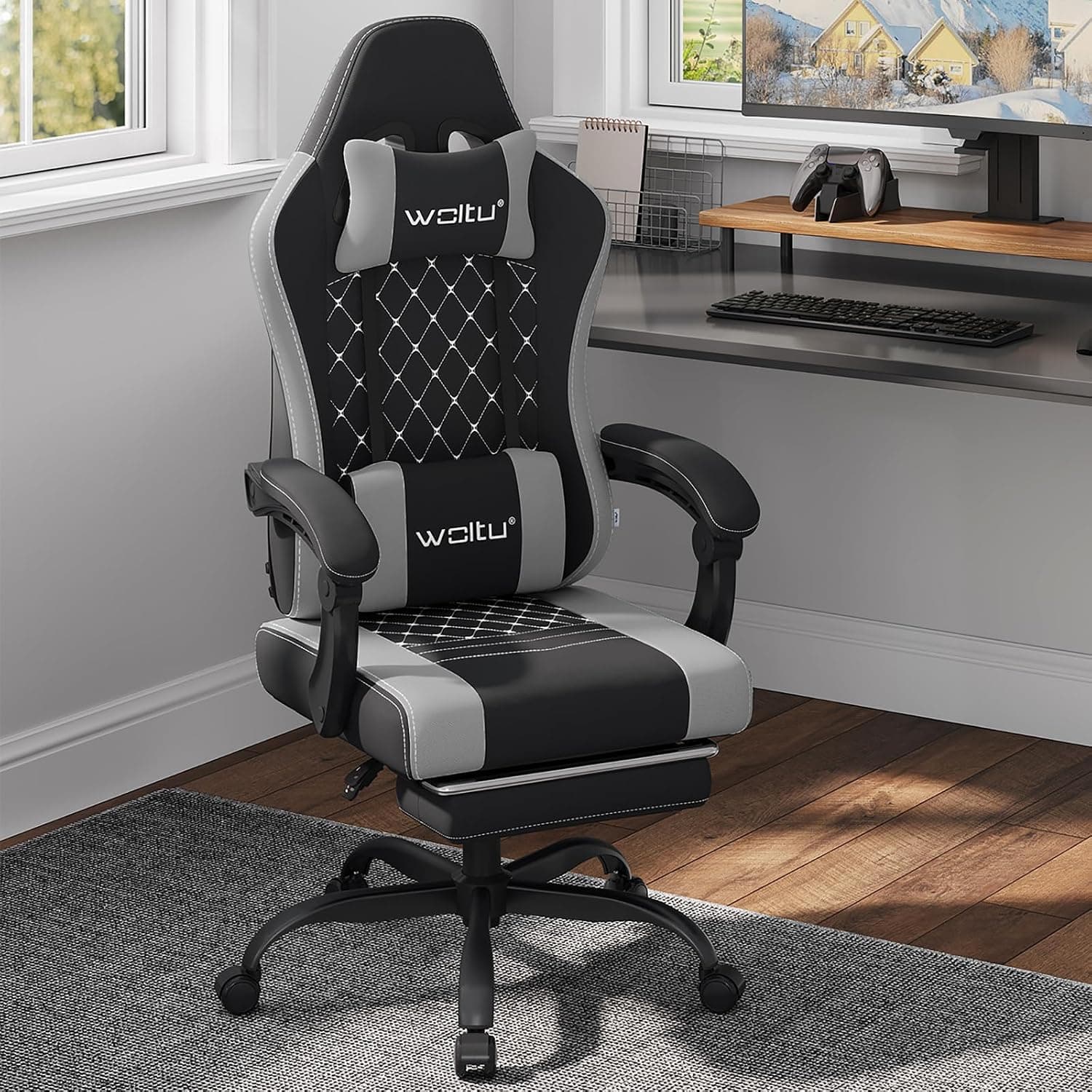 WOLTU Silla Gaming,Ergonómica Silla Gamer con Soporte Lumbar,Negro+Gris