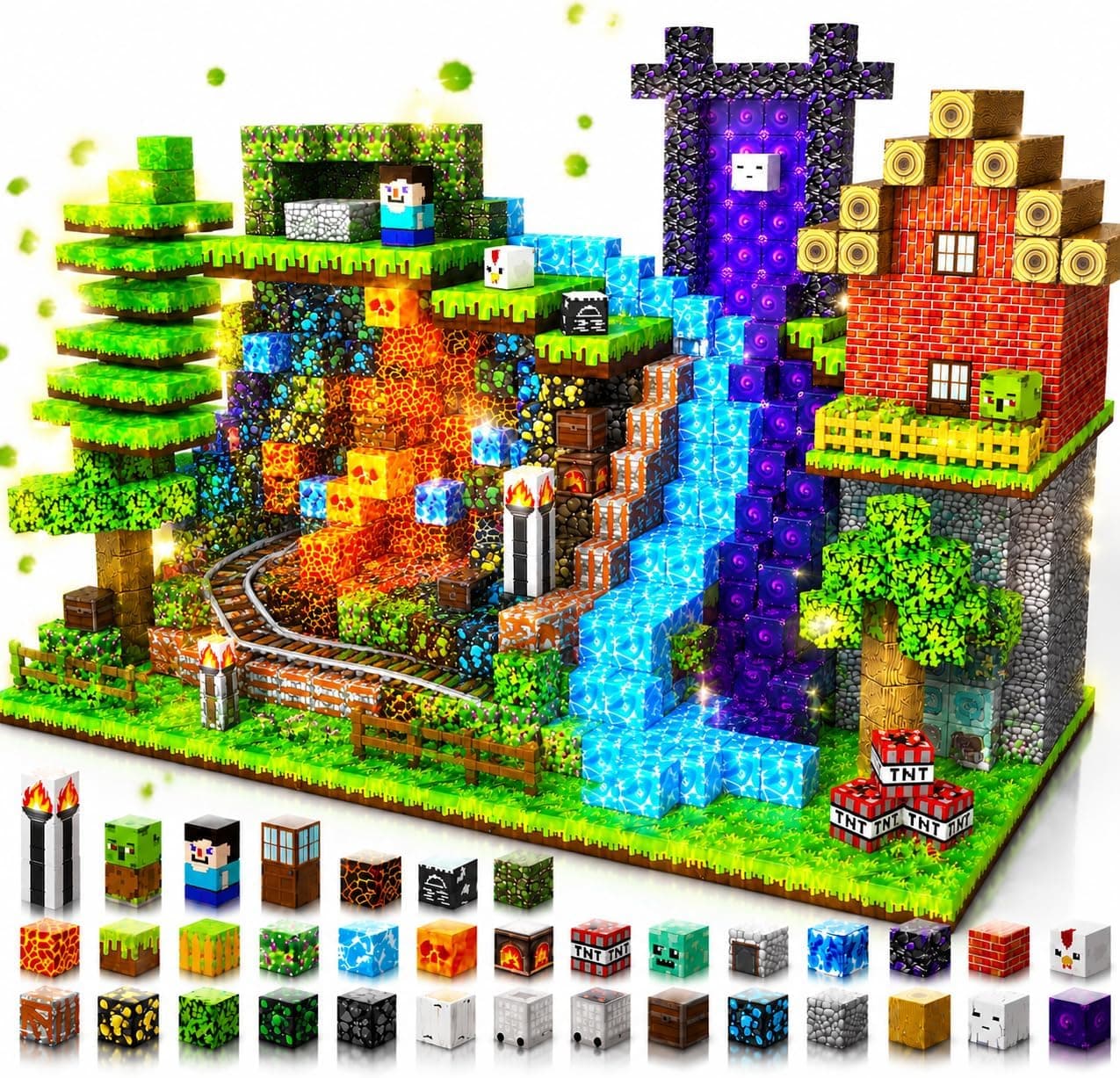 ToyUnited - Cubo magnético de 200 Piezas + 6 bandejas de Hierba Aventura vagón en la Mina | Bloque de construcción magnética con Puerta Temporal, dúplex y rieles | Juguete Infantil 4 5 6 7 8 años