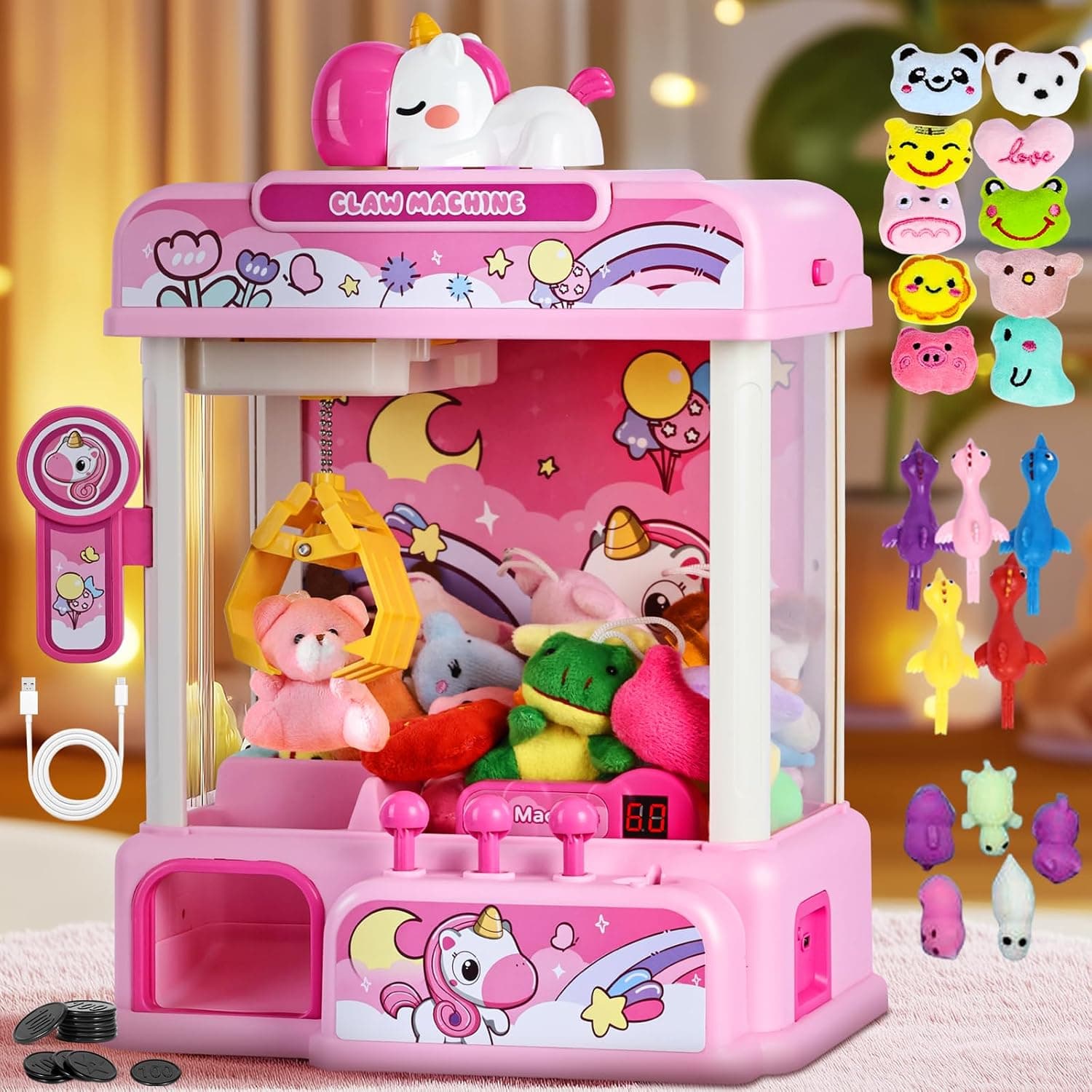 CWLAKON Candy Grabber Agarrador de Caramelos Mini Máquina de Garra con 20 Minijuguetes, Máquina de Garras para Niños, Expendedora de Cumpleaños, Navidad, Regalos para Niños 3 4 5 6 7 8 9 10 Años, Rosa
