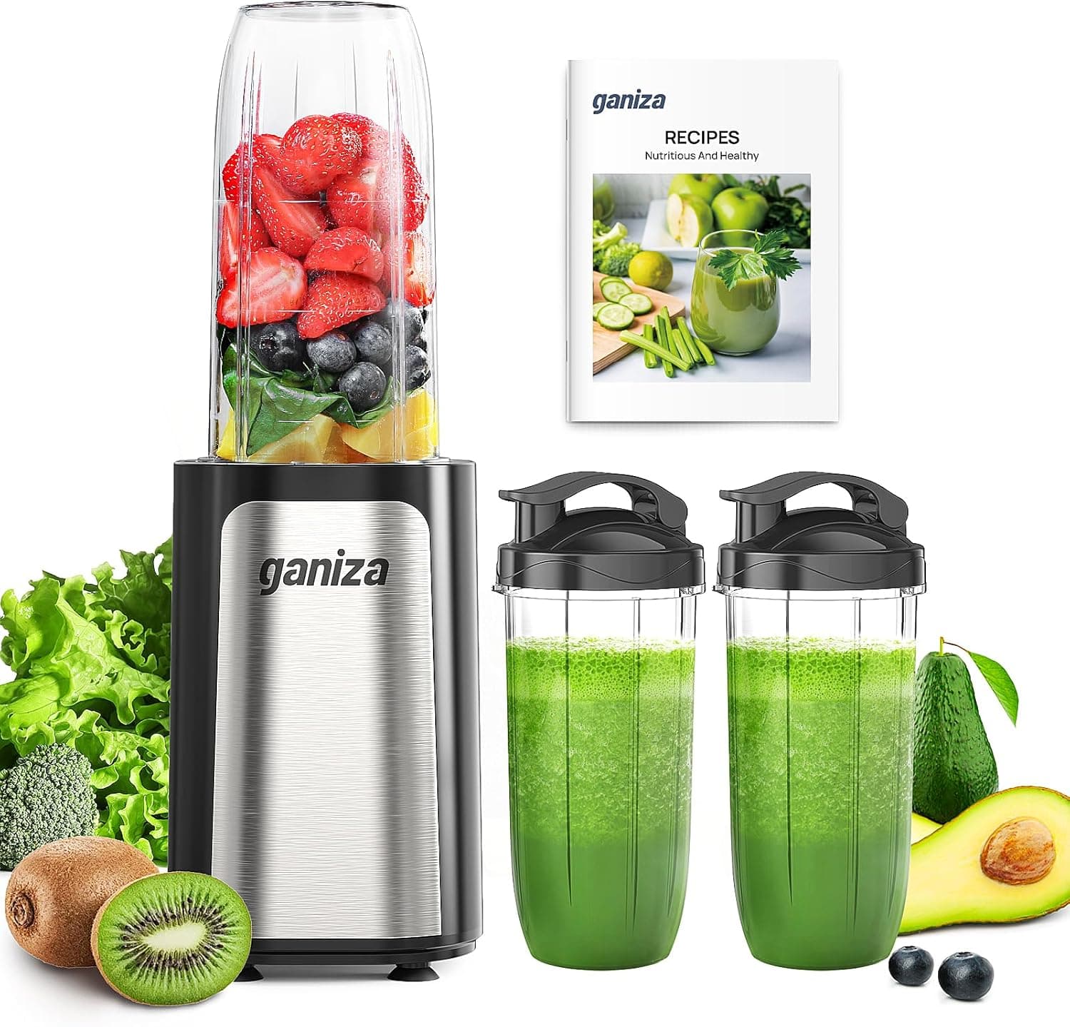 Ganiza Batidora de Vaso，Potencia 900 W Batidora de pie con 3 vasos portátiles (2 x 500 ml y 1 x 700 ml), Minibatidora con 4 Cuchillas de Acero inoxidable,Licuadora eléctrica para batidos y smoothies