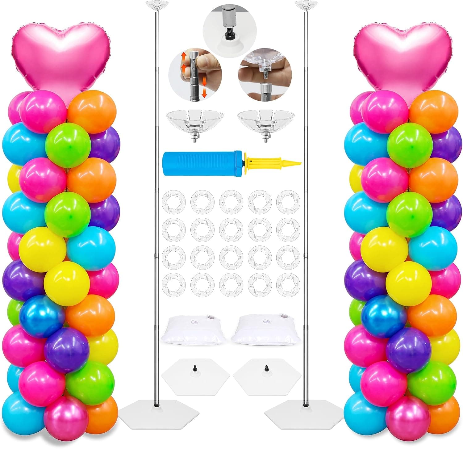 2 Sets Ajustable Soporte para Globos Kit y Globo Bomba, Metal 2.7 metros Soporte Globos, Arco para Globos Reutilizable, Globo Torre Decoraciones para Baby Shower Graduación Cumpleaños Fiesta de Bodas