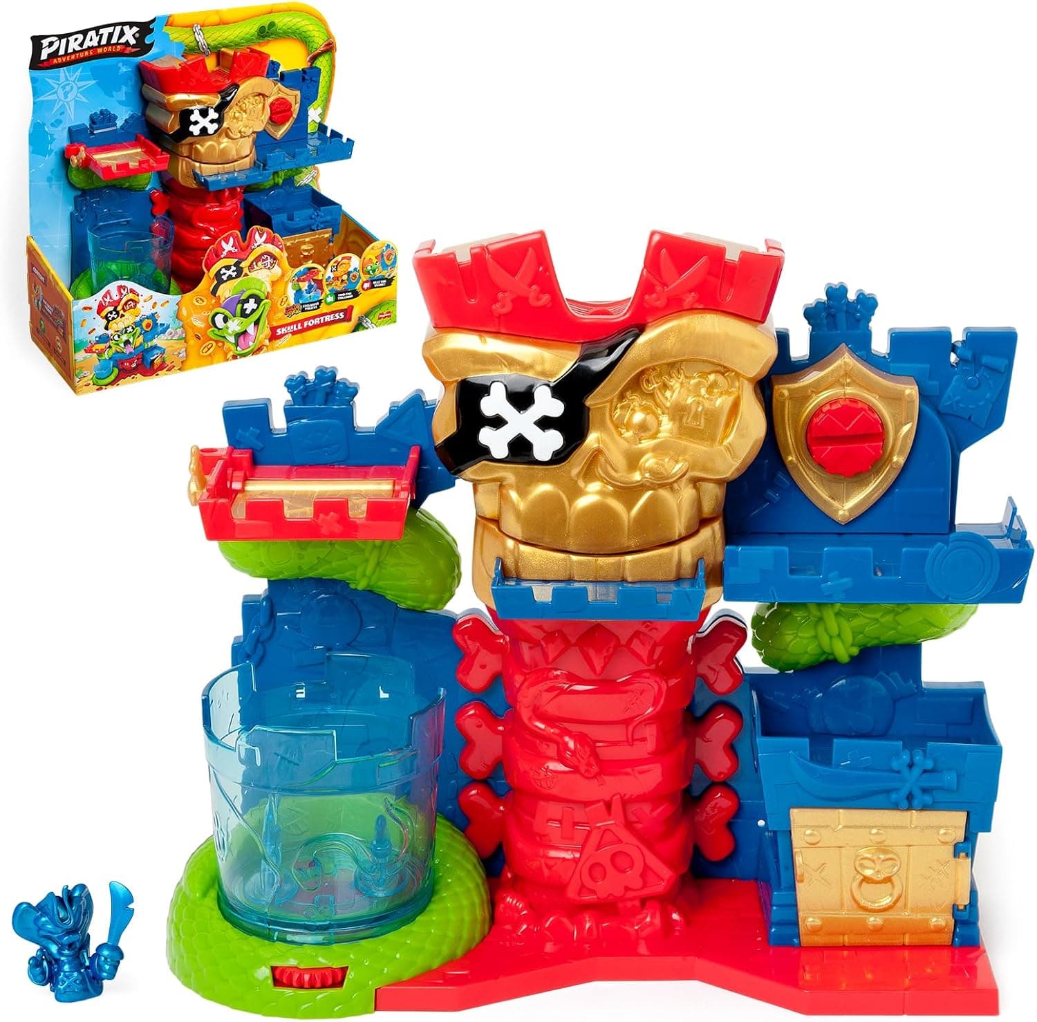 PIRATIX Skull Fortress–Fortaleza con Trampas Forma de Calavera.Revela el Personaje en la Piscina,Encuentra el Tesoro y Escapa de la Serpiente Gigante.Contiene Playset y Figura Color Reveal Exclusiva