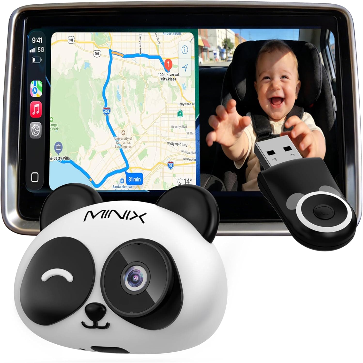 MINIX CA520 CarPlay Inalámbrico Cámara Bebé Coche para iPhone Solo (no Android Auto), Monitor Bebé Asiento Trasero 1080P, Visión Nocturna, Ángulo Amplio 150°, Baja Latencia para CarPlay cable original