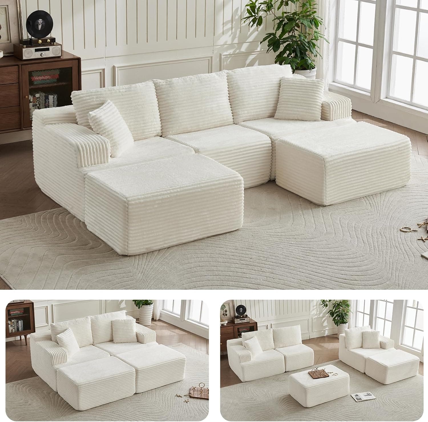 Sofá Modular en U de 262cm, Sofá de Espuma sin Montaje, Beige