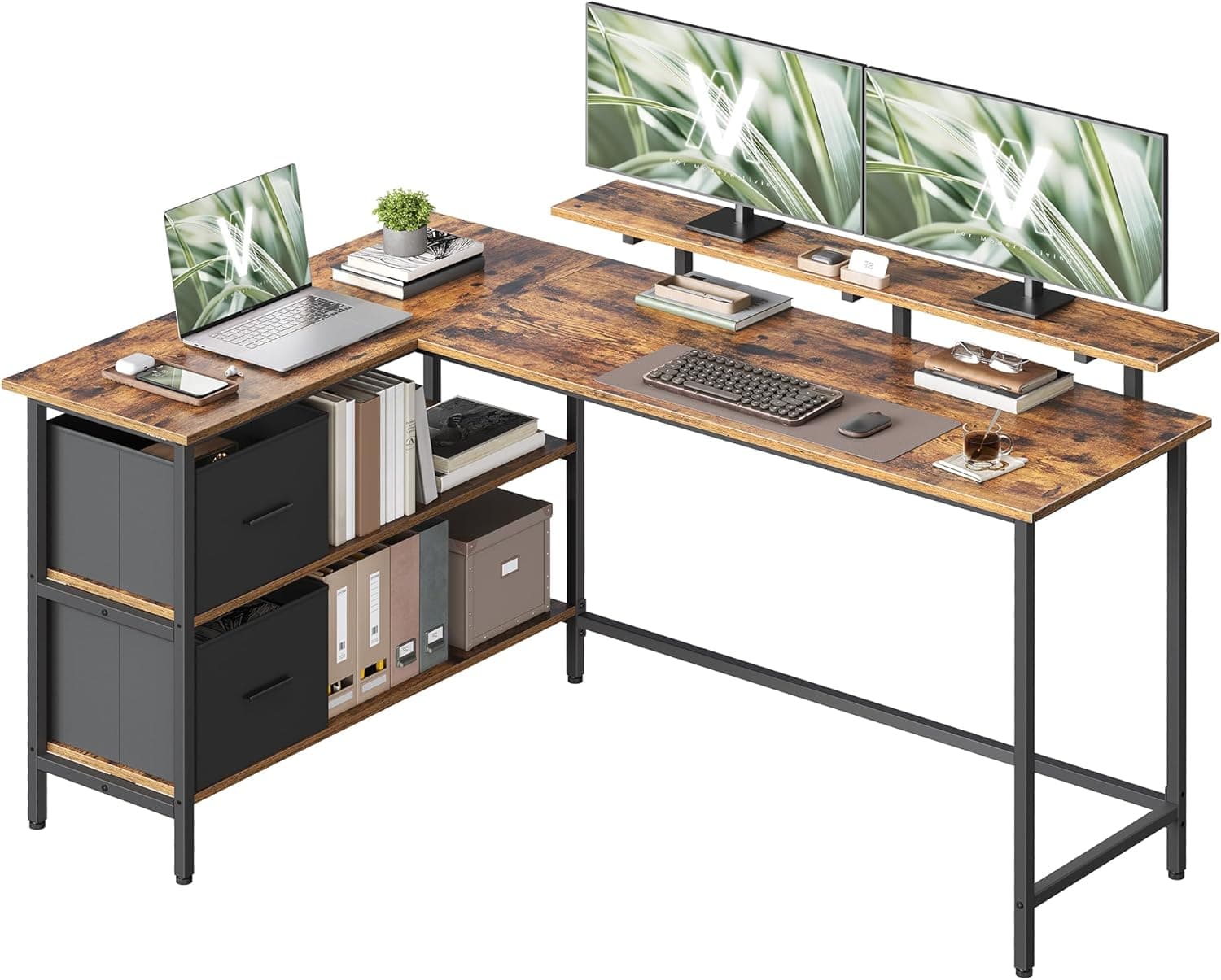 VASAGLE Escritorio en Forma de L, con 2 Cajones, Soporte, 155 x 105 cm