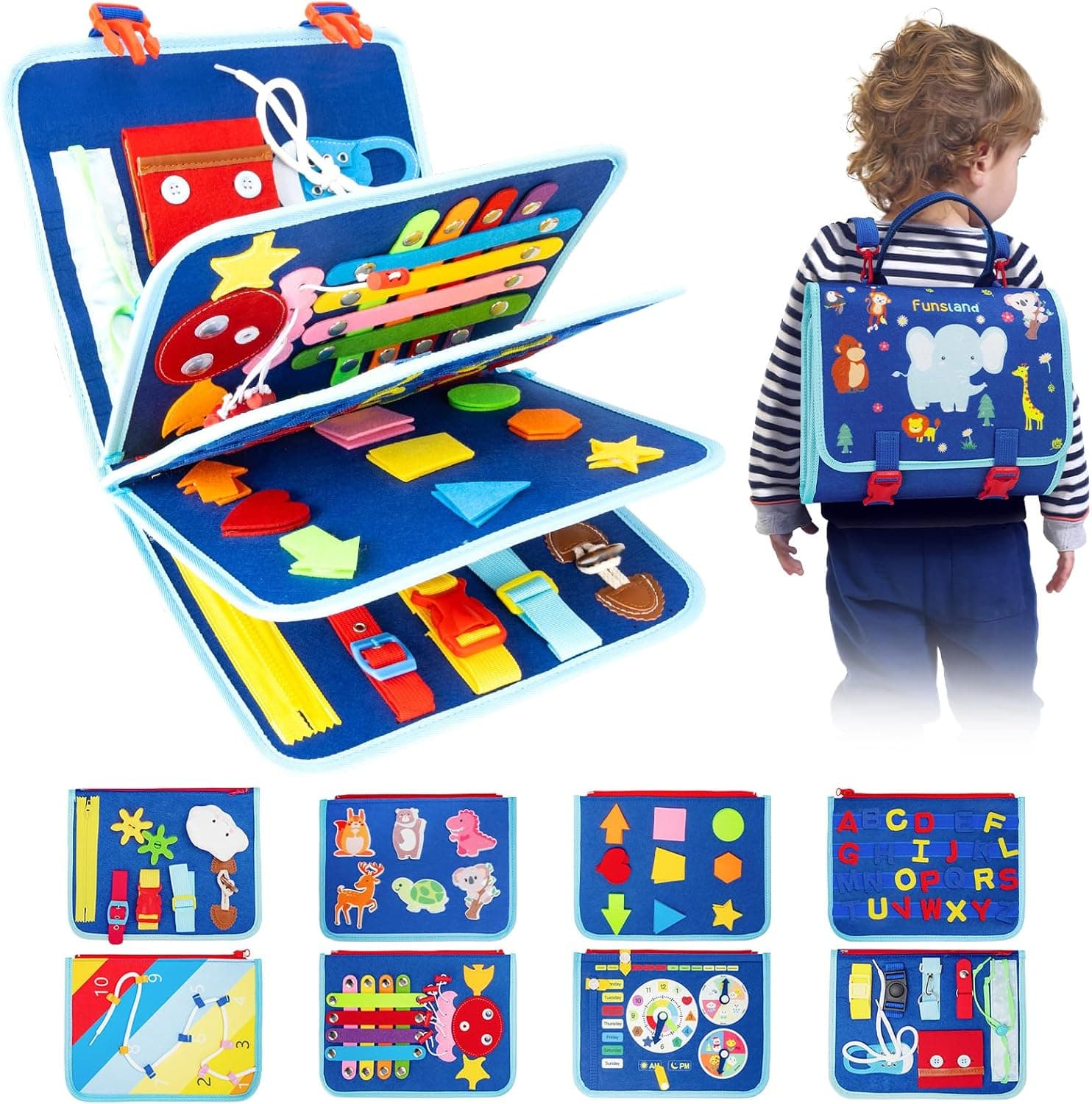 Busy Board Juguetes Montessori 2 3 4 5 Años, Tablero Sensoriales Juegos Educativos Niños, Juguetes Educativos para Aprender a Vestir y Habilidades Motoras Finas, Regalo para Niños, Azul