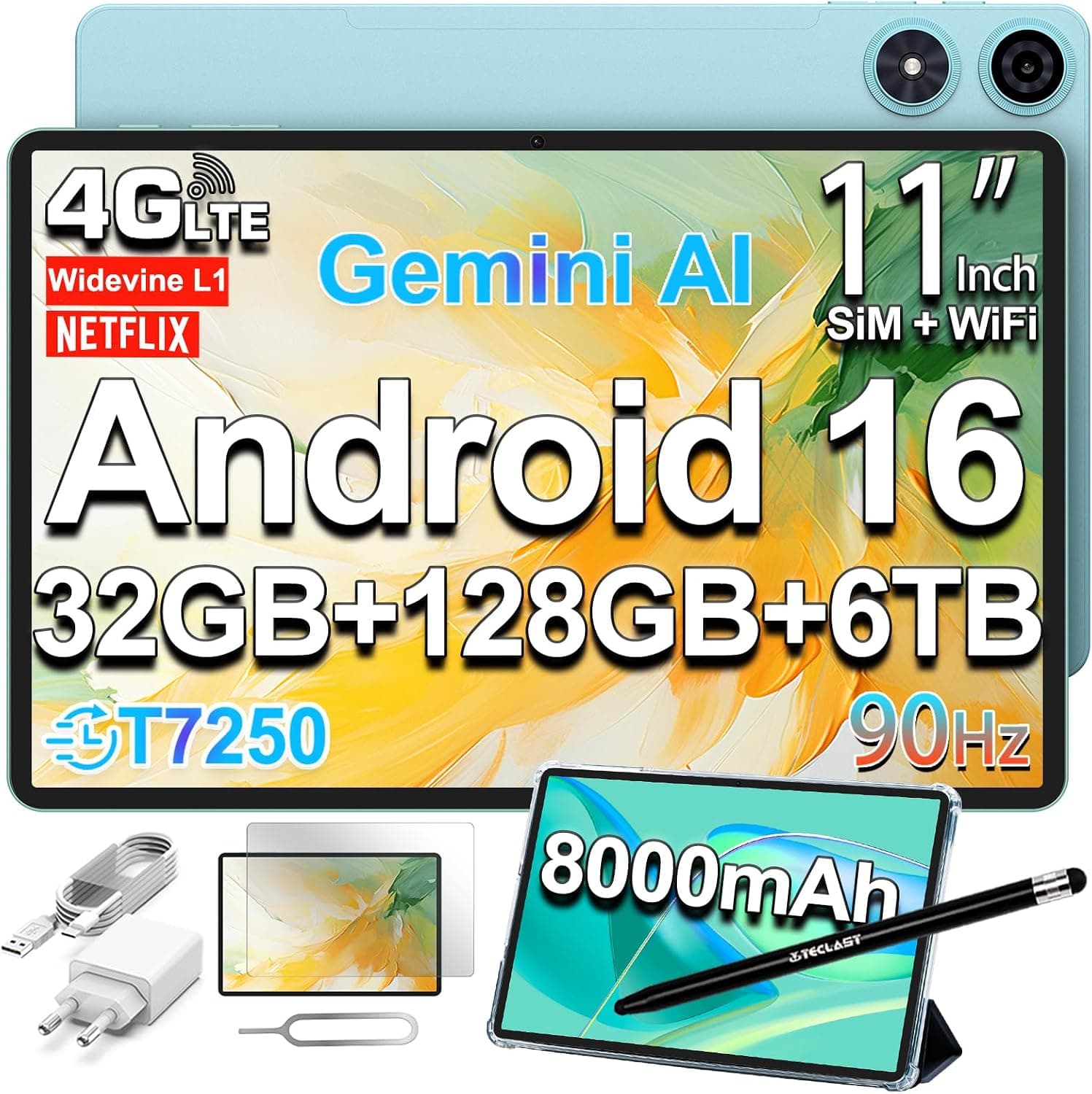 TECLAST P50 Tablet 11" Android 16, 90Hz Tablets 32GB+128GB, 4G LTE, 8000mAh