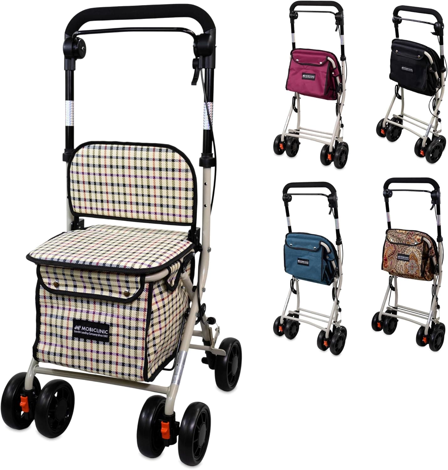 Mobiclinic®, Andador Plegable, Carro de la Compra con Asiento, Coliseo, Monomando, Acero, Gran Cesta, Respaldo y Acolchado, Sistema Frenado, Ruedas 360º, Cuadros