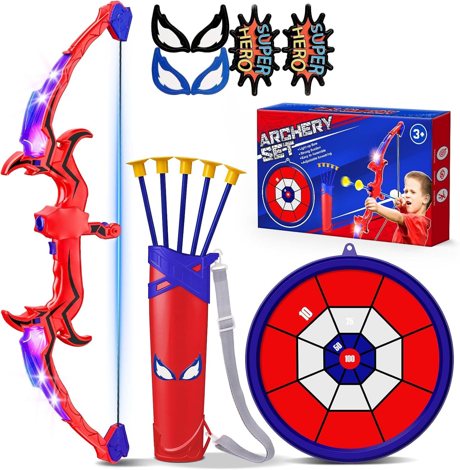 juguetes a partir de 3 4 5 6 7 8 9 10 11 12 años niños, flecha y arco para niños con luz LED, juguete de araña al aire libre para niños a partir de 9 10 11 12 años, juegos al aire libre para