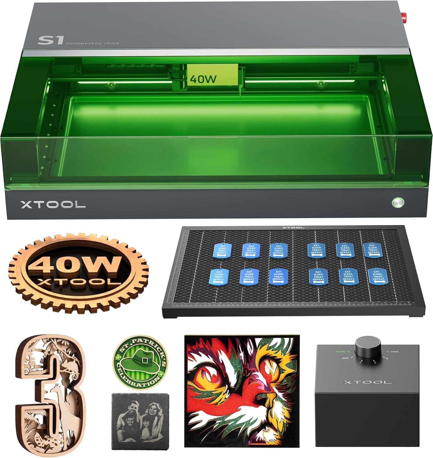 xTool S1 40W Grabadora Láser con Air Assist Kit y Panel de Nido de Abeja, Seguridad Cerrada, Enfoque Automático, 498 * 330mm, Cortadora Grabado para Madera, Metal, Cuero, Acrílico