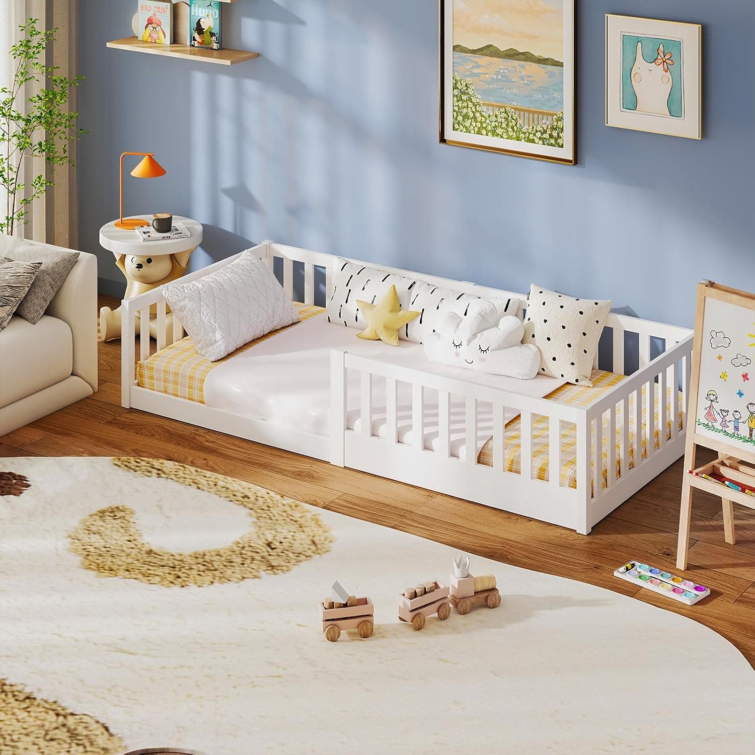 labebe Cama baja para niños 90 x 200, cama Montessori de madera maciza blanca con barandilla de seguridad y somier (colchón no incluido) Adecuada para niños y bebés