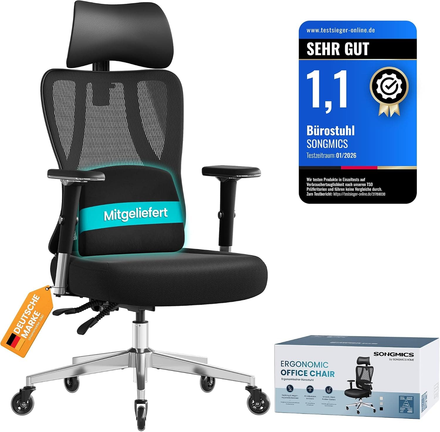 SONGMICS Silla de Oficina Ergonómica, Soporte Lumbar, Carga 150 kg